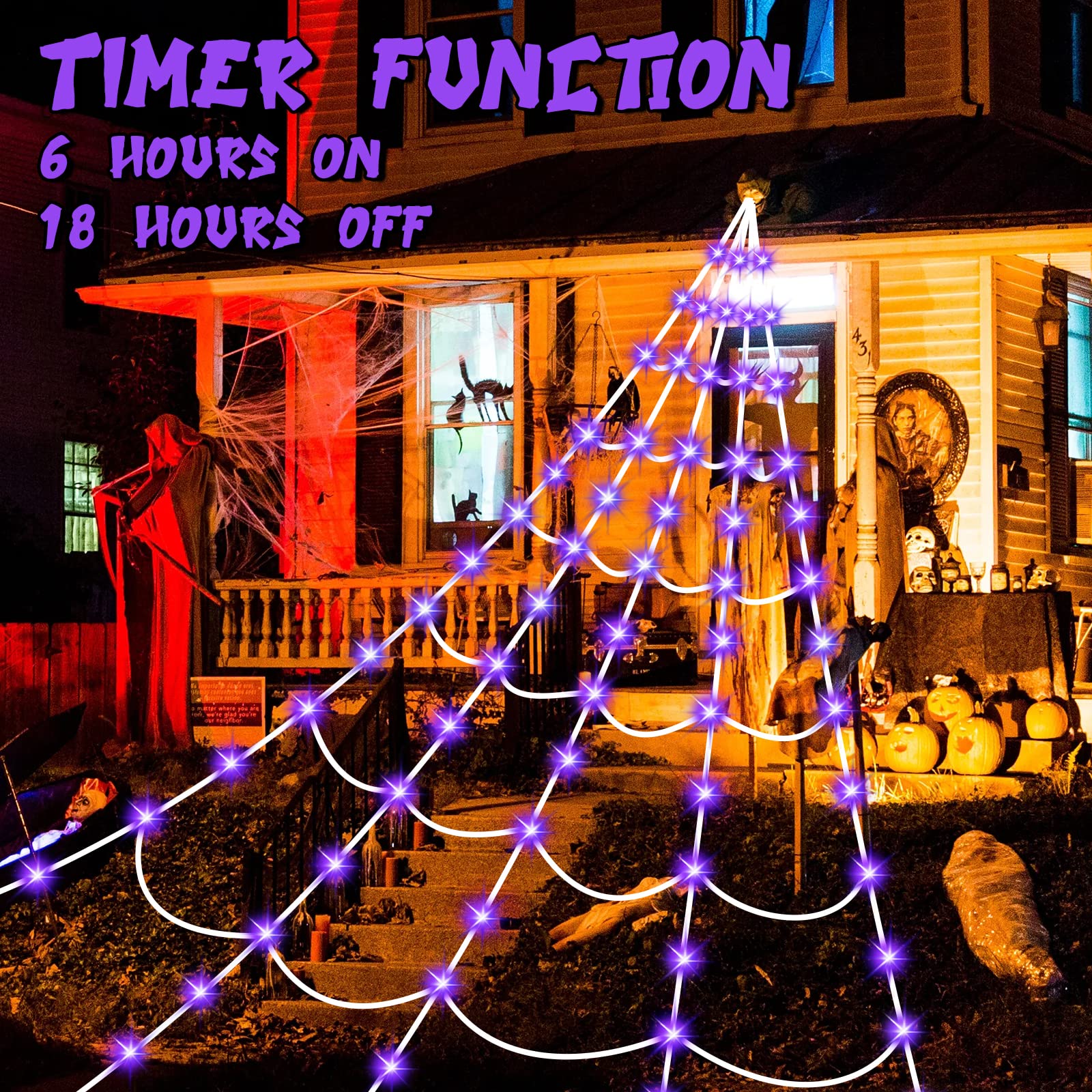 150 LED Halloween Spider Web Lights - 16.4 Ft Giant Lighted Web Decor with 8 Lighting Modes, Waterproof & Timer for Outdoor Indoor Yard, Haunted House, Party (Purple) | Perfect for Halloween Decorations, Garden Lighting, and Spooky Themed Events