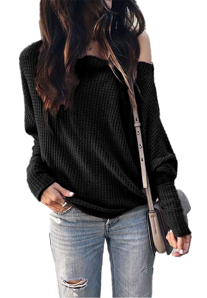 Women's Casual Long Sleeve Off Shoulder Blouse - Cute Waffle Knit Sweater Shirt for Fall & Winter | Perfect for Date Night, Office Wear & Weekend Outfits