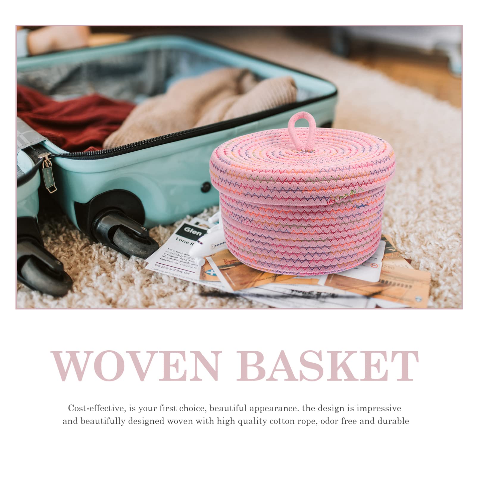 Angoily Mini Woven Basket with Lid - Cotton Rope Storage Organizer for Nursery, Toys & Keys | Home Decor