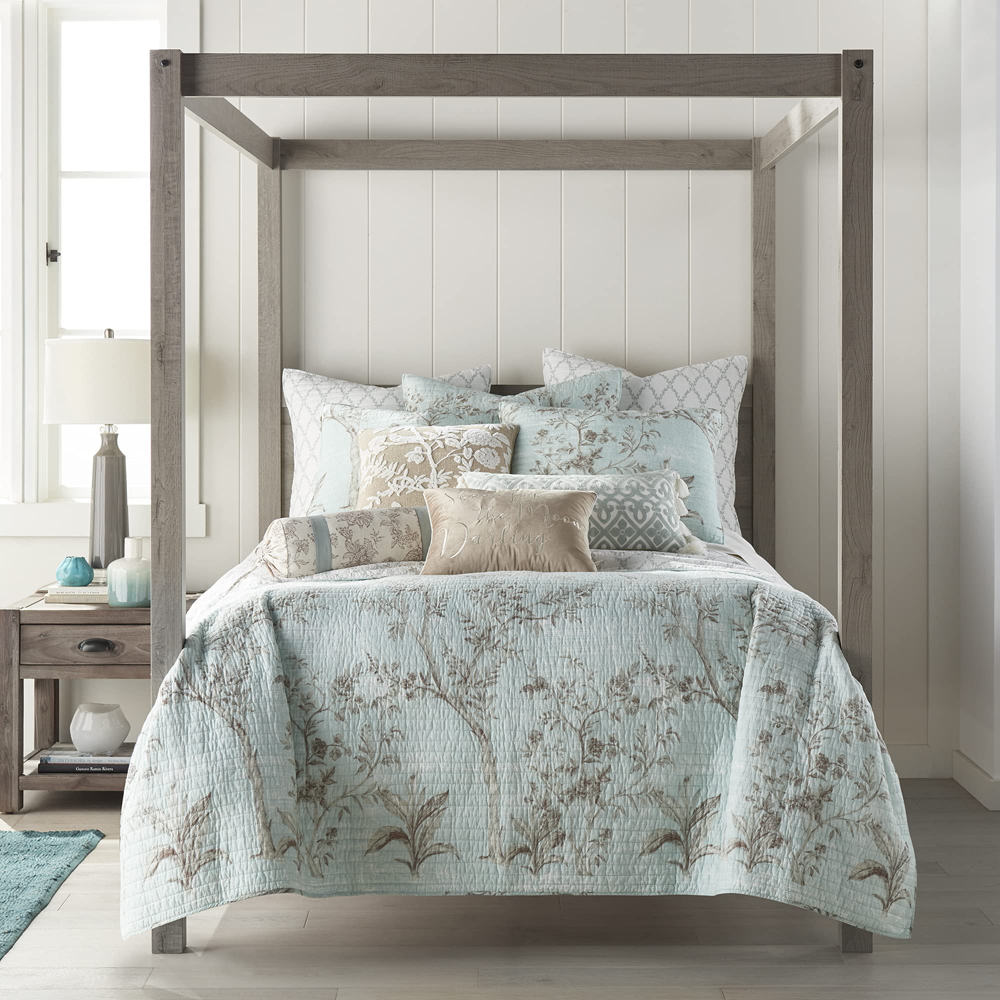 Levtex Home Cozette Reversible Twin Quilt Set with Pillow Sham - 68x86 Inch Quilt + 26x20 Inch Sham - Botanical Bird Print in Spa Brown & Cream - 100% Cotton Bedding for Guest Rooms, Dorm Decor or Cozy Bedroom Retreat