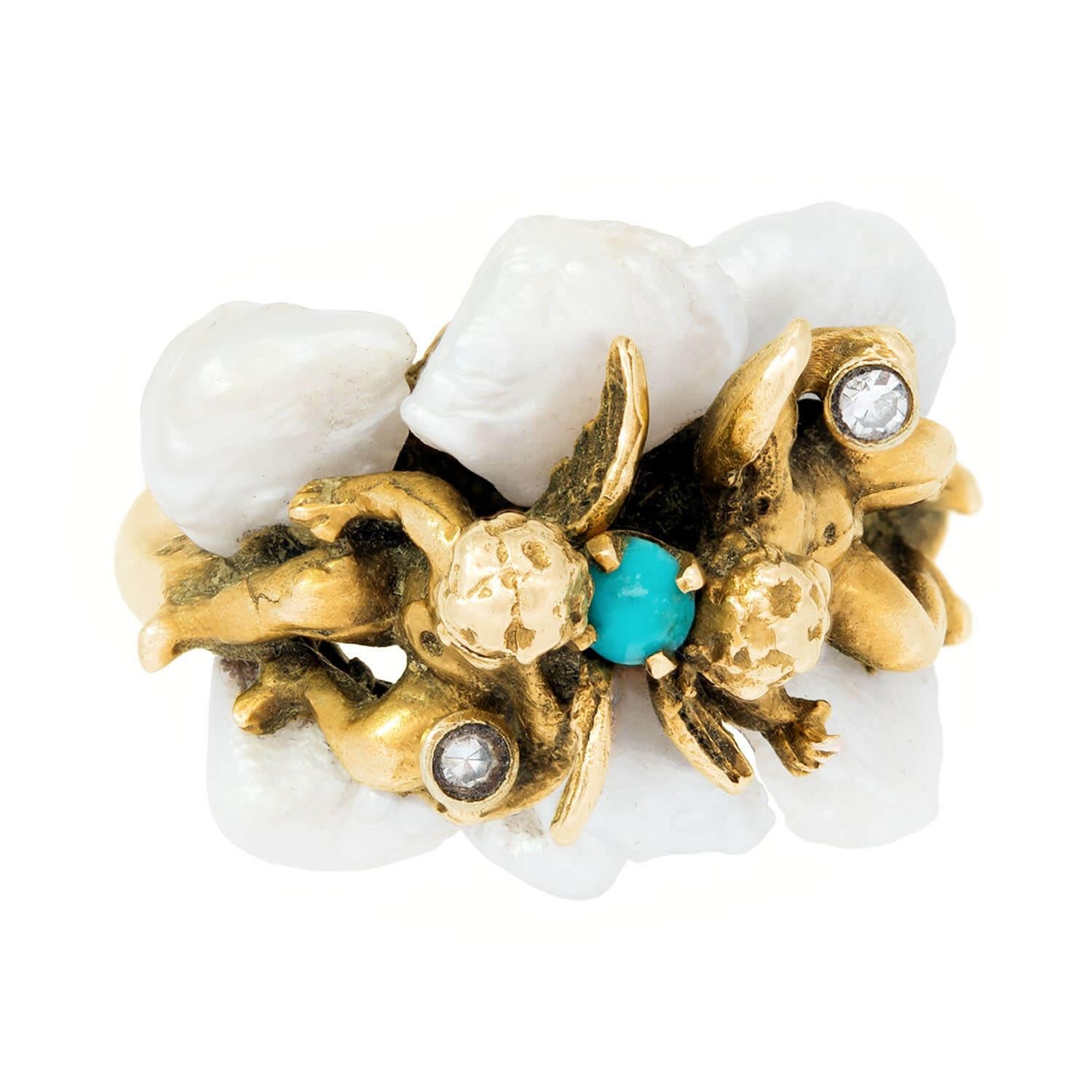 14K Gold Vintage Turquoise Diamond Pearl Angel Cherub Ring - Elegant Jewelry for Women, Perfect Gift for Valentine's Day, Anniversary & Special Occasions