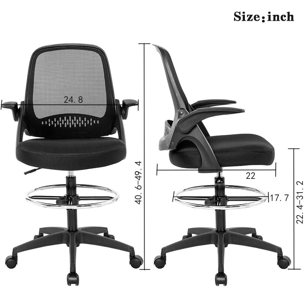 Ergonomic Mesh Drafting Chair with Adjustable Height, Lumbar Support & Flip-Up Arms - Swivel Rolling Office Chair for Tall Desks | Perfect for Home Office, Computer Work & Executive Workspaces - Black