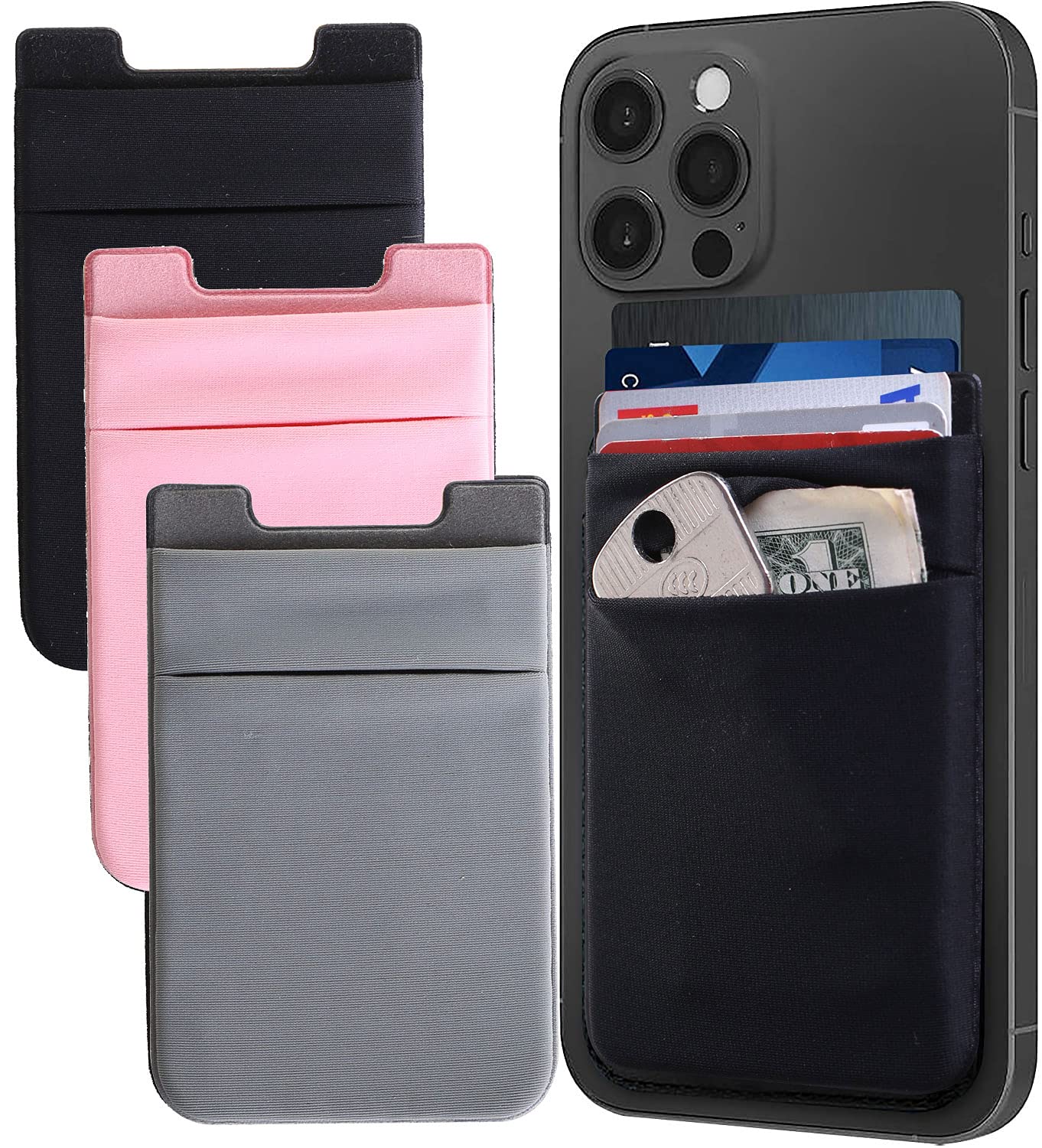 3 Pack Adhesive Phone Wallet Card Holder - Durable Stick On Wallet for iPhone & Samsung - Holds Credit Cards, ID & Cash - Perfect for Travel, Shopping & Everyday Use (Black, Pink, Gray)
