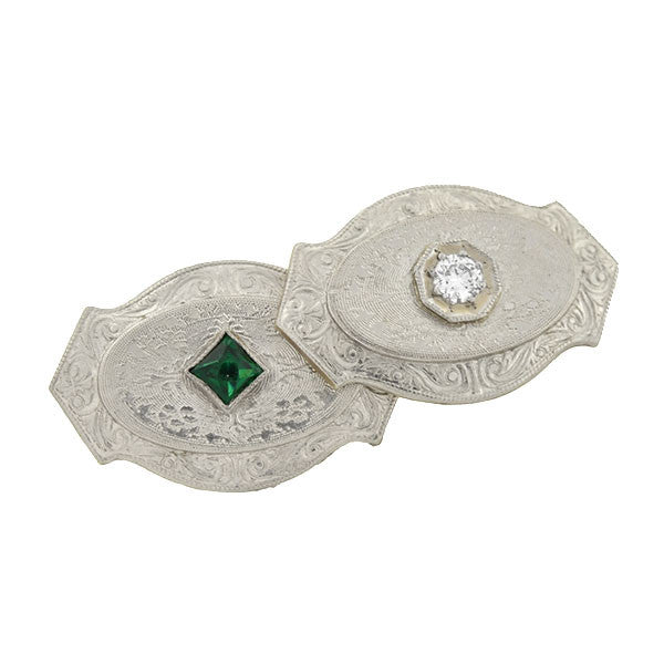 14kt Gold Edwardian Style Cufflinks with Diamond & Synthetic Emerald - Perfect for Weddings, Formal Events & Gifts for Men