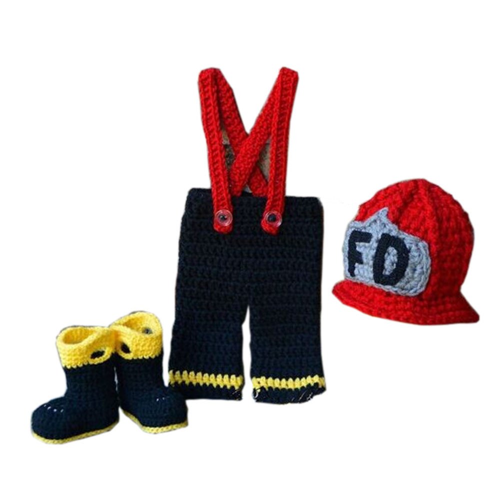 Crochet Firefighter Outfit for Newborn Boys - Fireman Hat, Pants & Shoes Set - Baby Photography Props & 1st Birthday Photo Shoot Costume