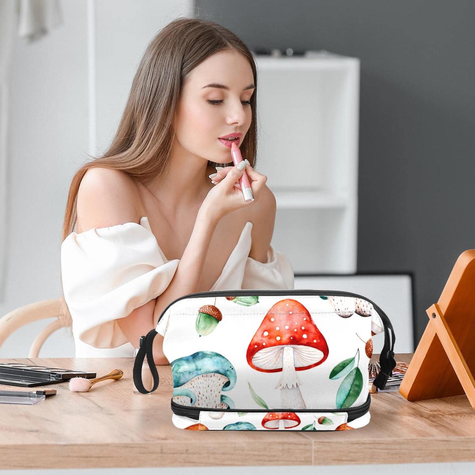 Waterproof Double Layer Watercolor Mushroom Makeup Bag for Women - Large Roomy Cosmetic Travel Organizer with Zipper - Perfect for Toiletries, Brushes & Travel Essentials (Ideal for Vacation, Gym & Daily Use)