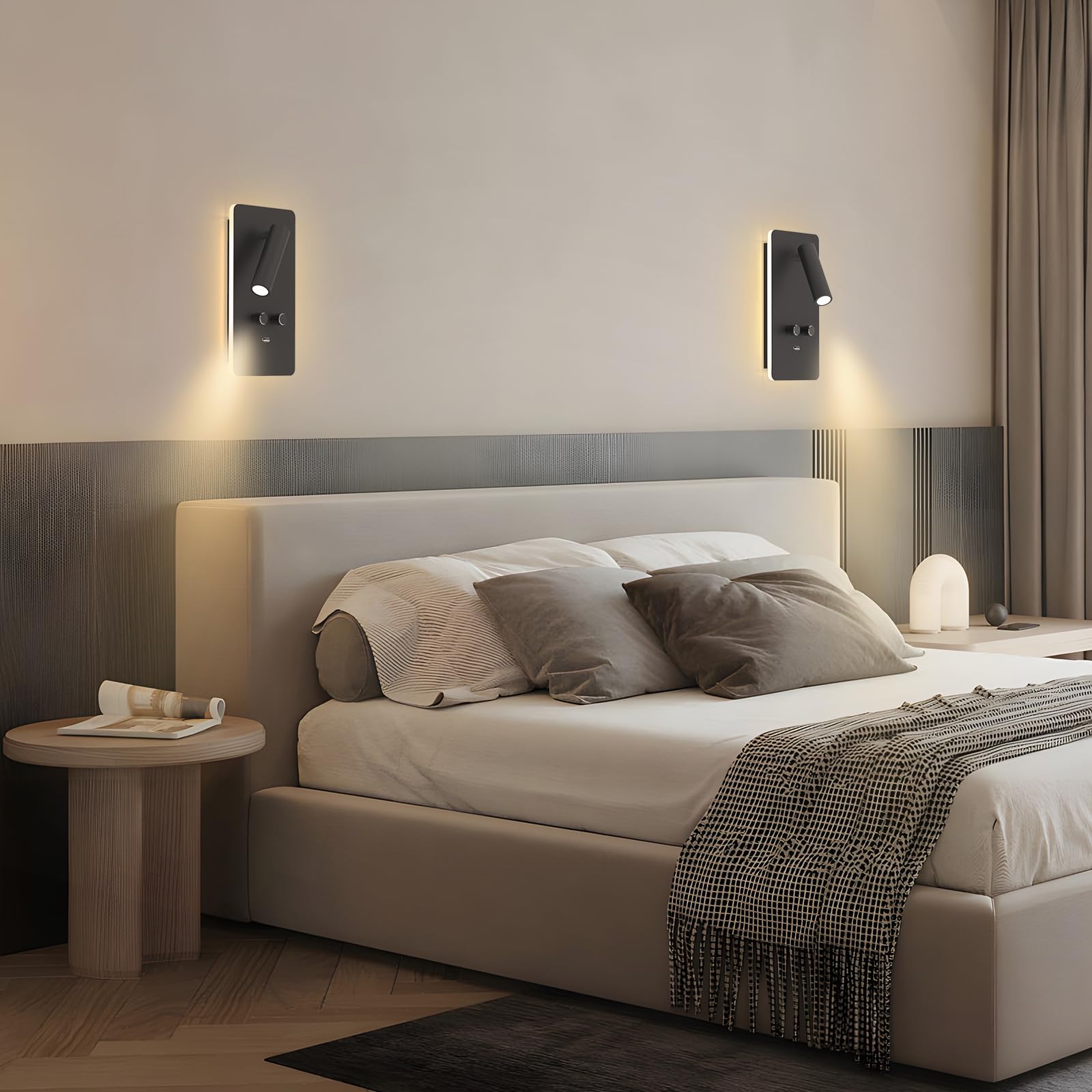 Dimmable LED Wall Mounted Reading Light - Adjustable 0.9-3.7W & 1.2-6W Backlight with USB Port - Modern Wall Sconce for Bedroom, Living Room & Study - Black