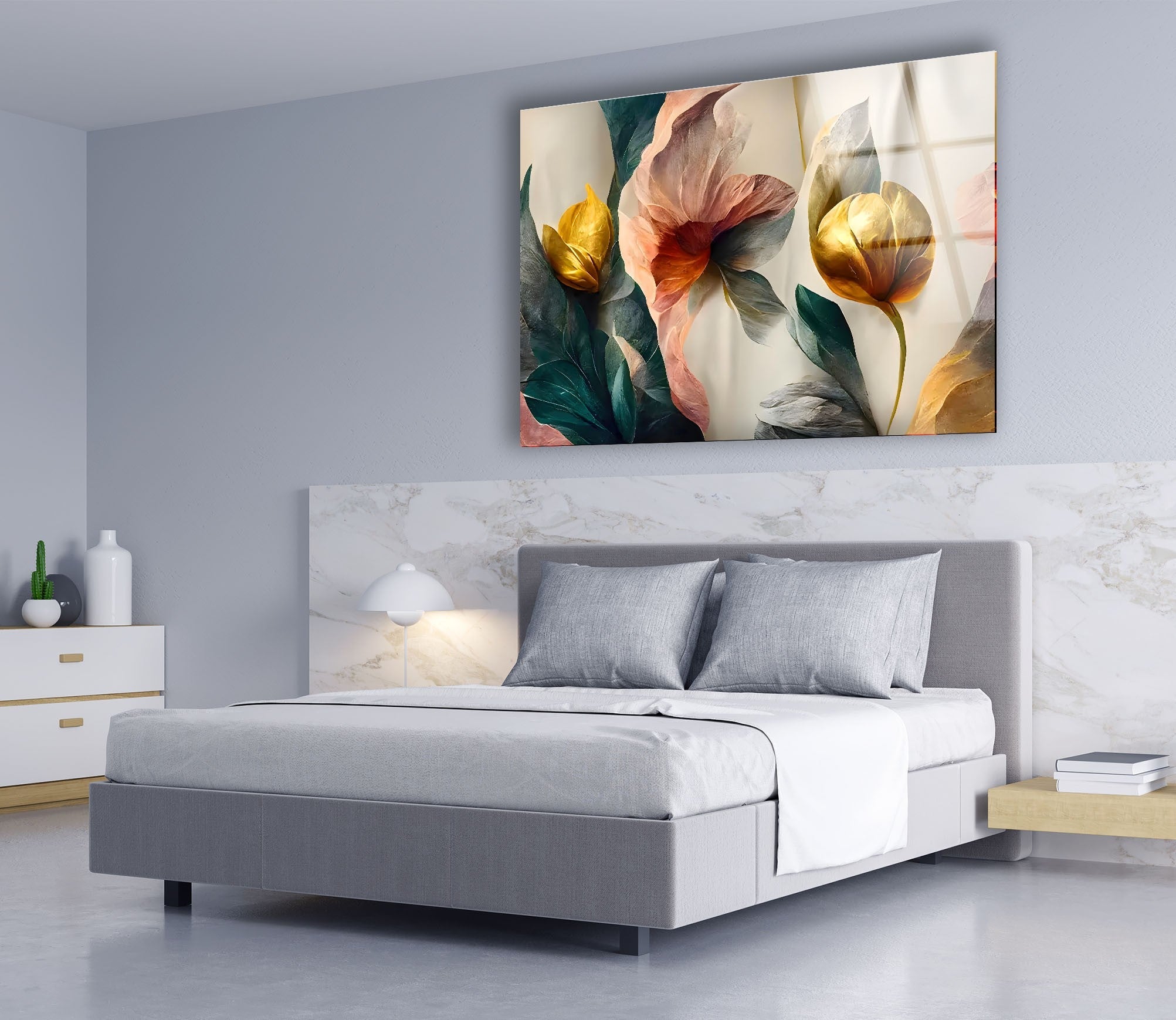 Abstract Golden Details Pink Flower Glass Wall Art - Modern Home Decor for Living Room, Bedroom & Office - Elegant Handmade Glass Painting for Wall