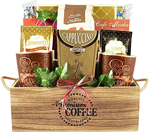 Gourmet Coffee Gift Basket Set - Premium Coffee Sampler with 2 Porcelain Mugs, Artisan Cookies, Luxury Chocolates in Elegant Wooden Crate | Perfect for Office Gifts, Housewarming Presents & Coffee Lovers