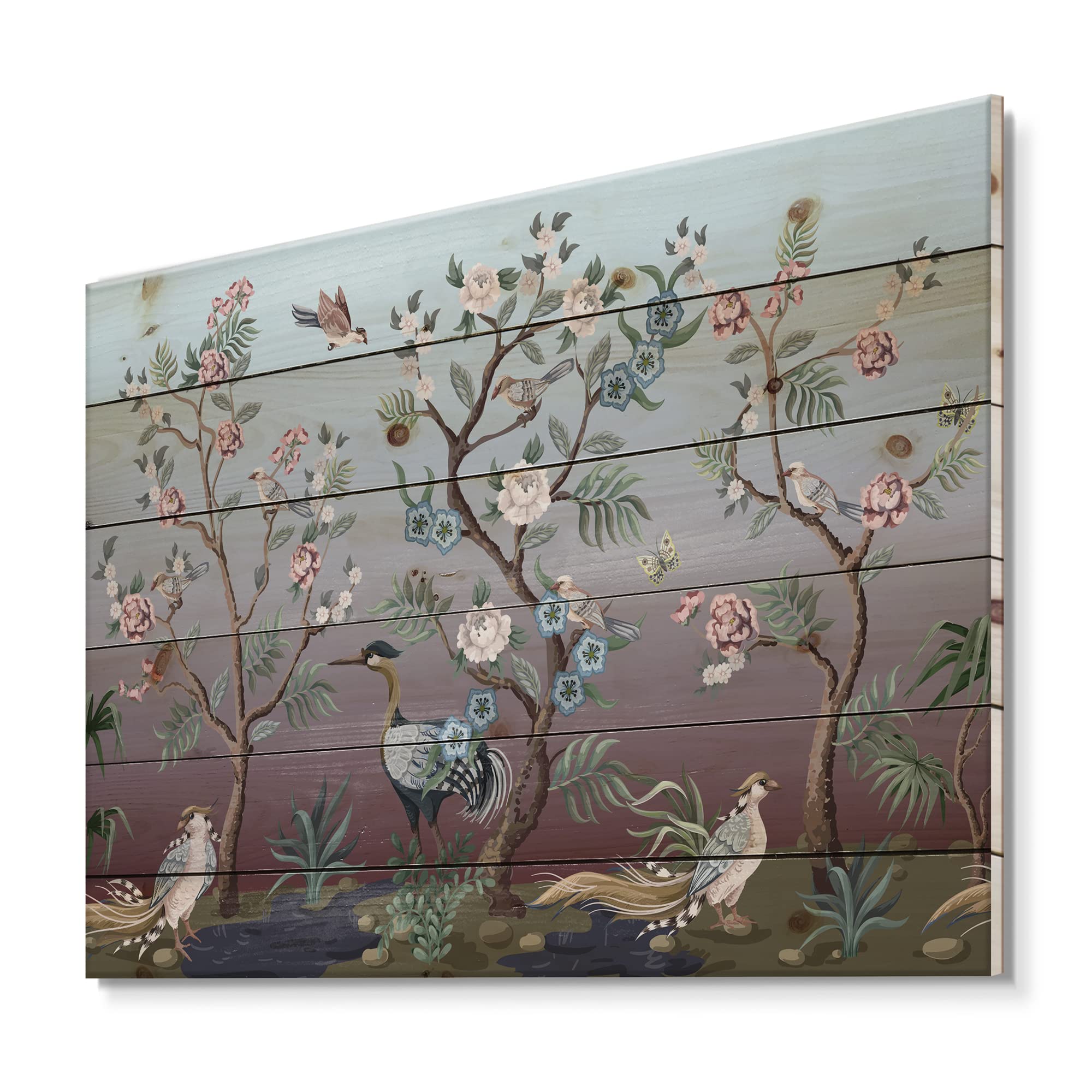 DesignQ Chinoiserie Blue Traditional Wood Wall Art with Birds & Peonies - Handcrafted Pine Wood Wall Decor for Living Room, Bedroom & Office