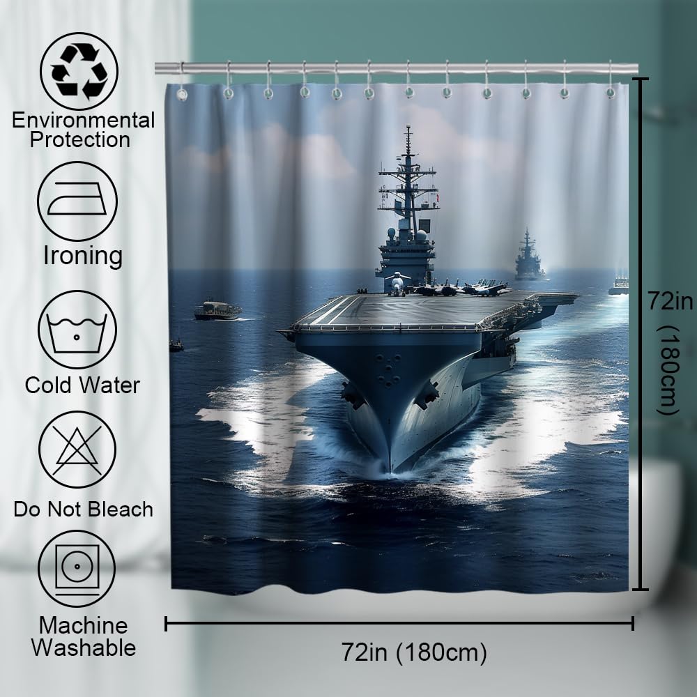 American Military Aircraft Carrier Themed Shower Curtain - Navy Blue 72x72 Inch Bathroom Decor with Rustproof Grommets & Hooks | Perfect for Navy Enthusiasts' Home, Man Cave, or Military-Themed Bathroom Design