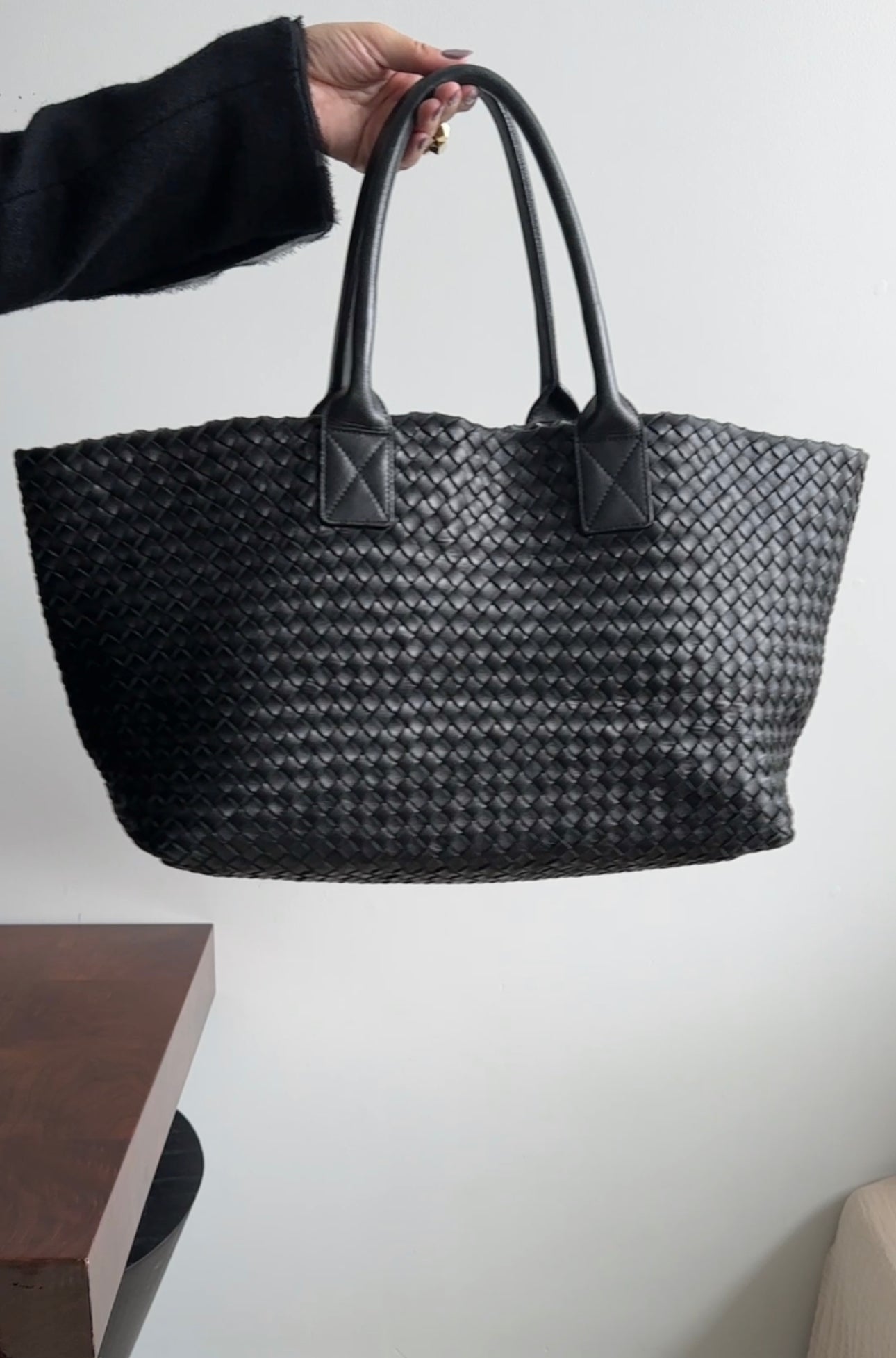 Bottega Veneta Black Intreccio Leather Cabat MM Tote Bag for Women - Luxury Designer Handbag for Work, Travel & Everyday Use