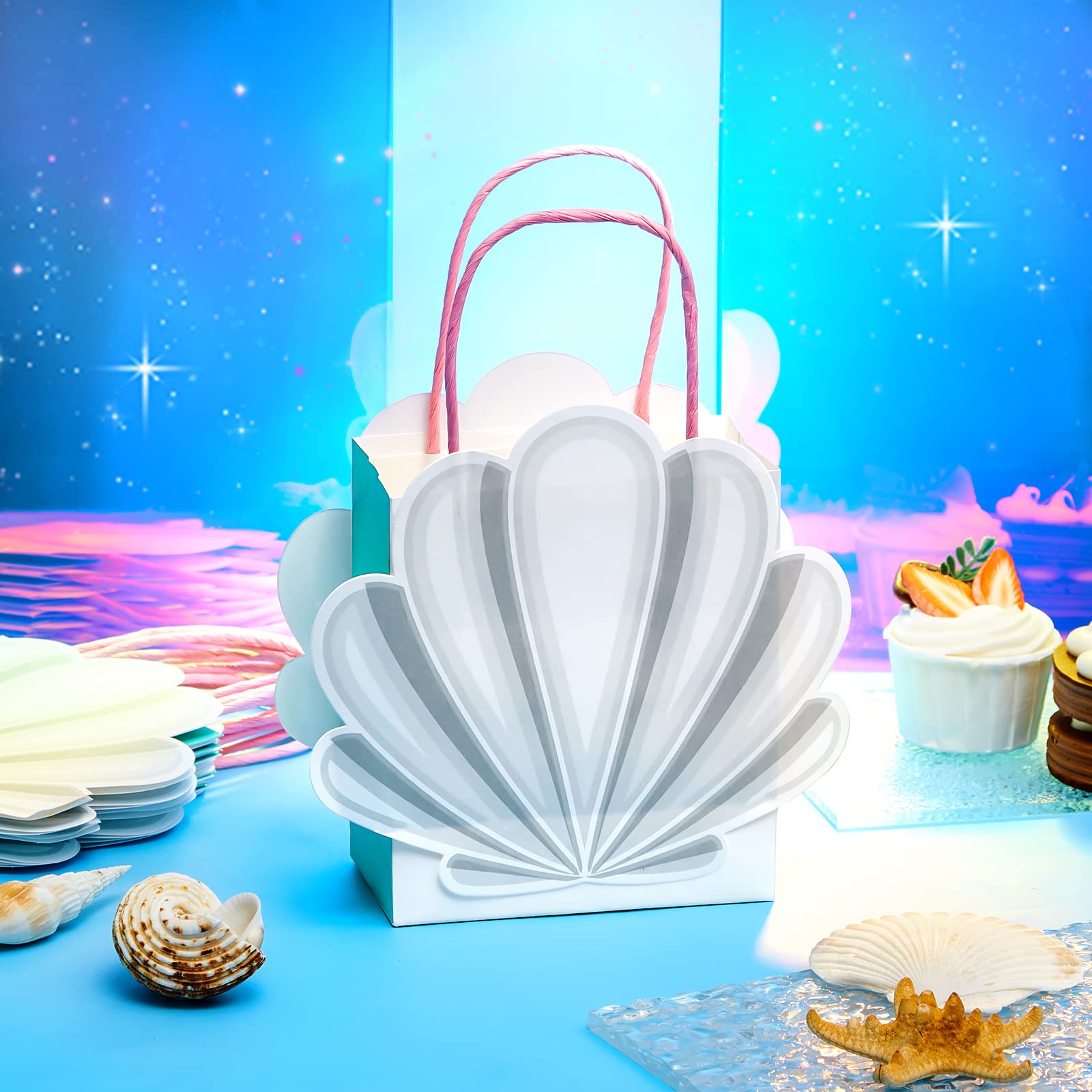 24 Pcs Mermaid Shell Gift Bags - White Mermaid Party Favor Bags for Candy & Treats - 5.91 x 5.12 x 2.76 Inch - Perfect for Ocean Themed Birthday Parties, Baby Showers & Under the Sea Events