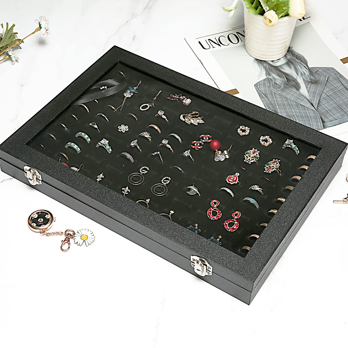 100-Slot Ring Box Organizer - Transparent Lid Jewelry Display Case for Rings & Earrings | Perfect for Wedding, Engagement, Jewelry Store & Home Organization