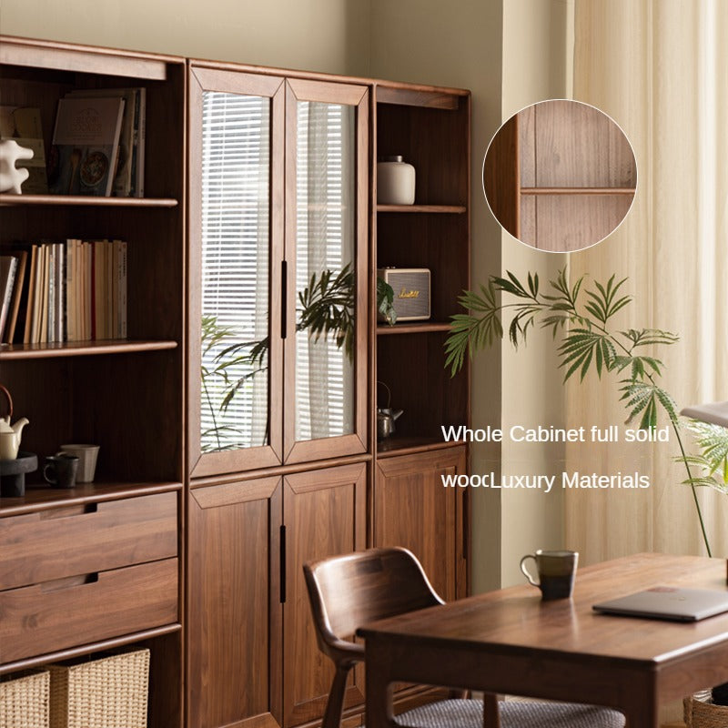 Premium Black Walnut & Ash Solid Wood Bookcase with Dust-Proof Glass Doors - Stylish Home Office & Living Room Storage Solution