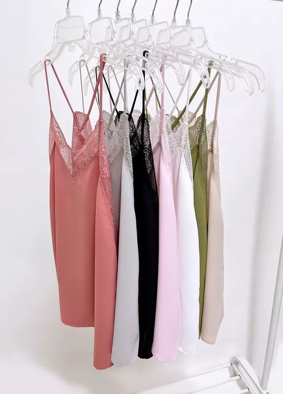 BiBi Lace Cami Solid Tank Top for Women - Sexy Lace Trim Sleeveless Blouse - Perfect for Date Night, Party & Summer Outfits