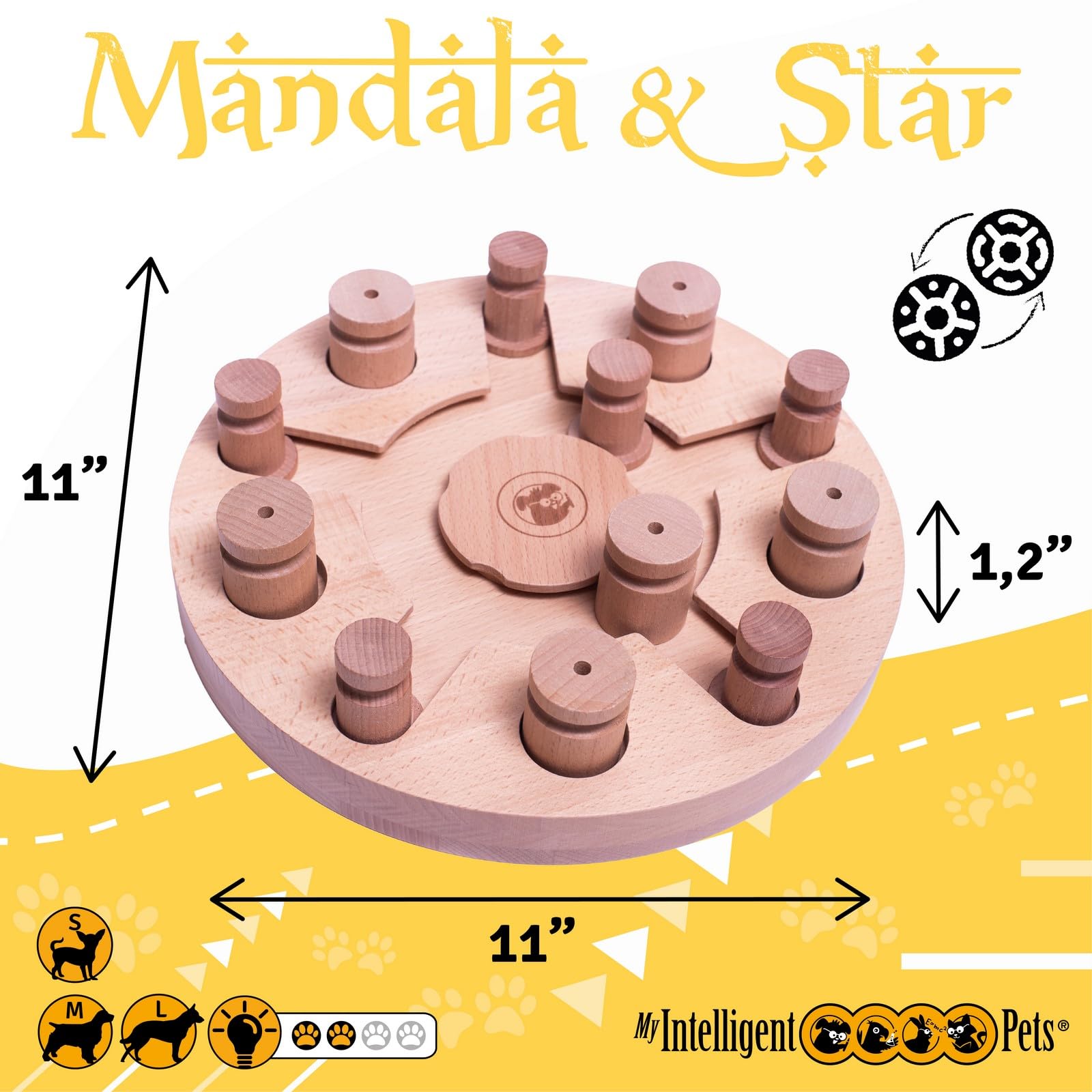Mandala & Star Wooden Dog Chew Toy - Natural Instinct Booster, Interactive Puzzle Toy for Dogs - Perfect for Teething, Boredom Relief & Mental Stimulation