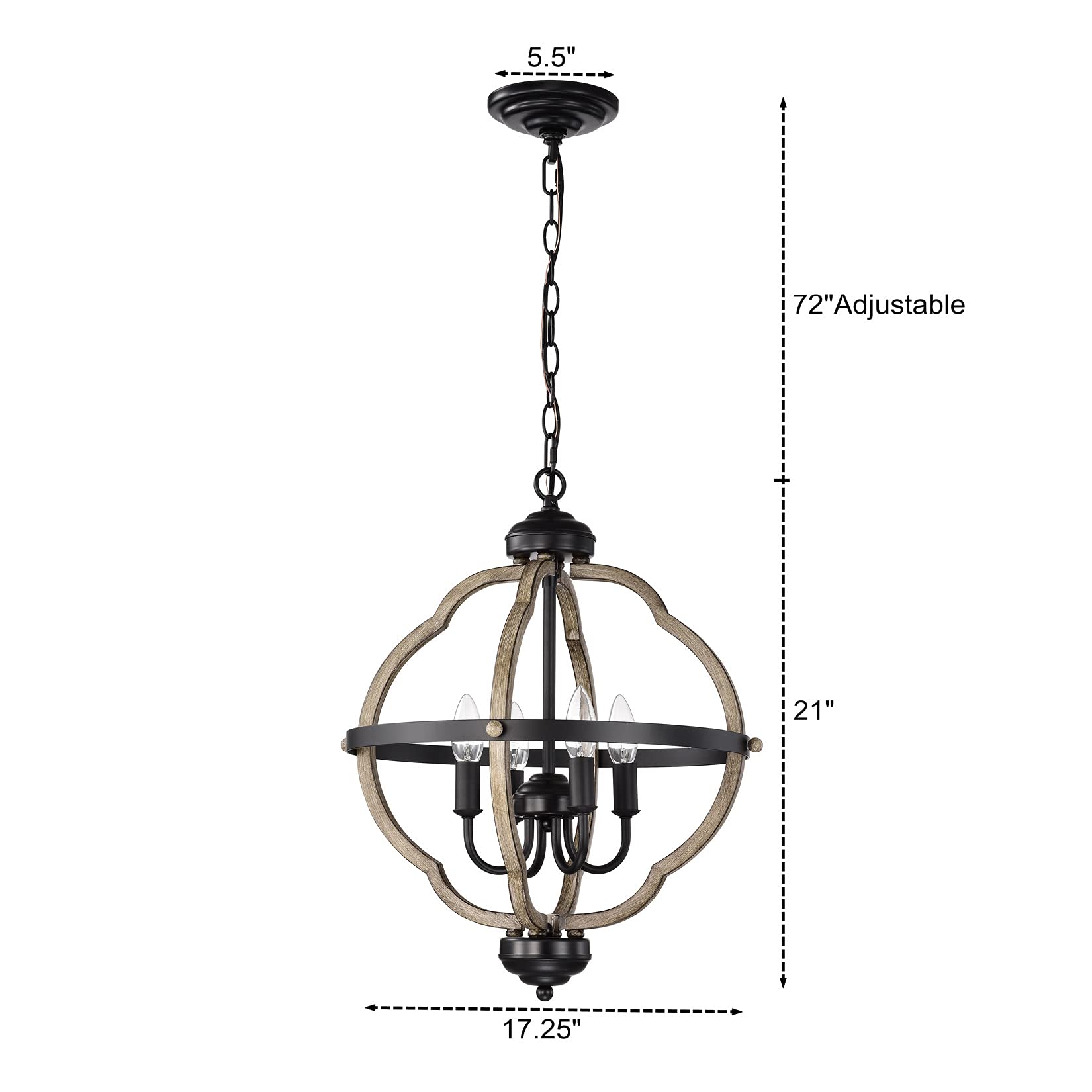 Matte Black Farmhouse Chandelier - 4-Light Adjustable Pendant Lighting with Wood Grain Finish | Industrial Ceiling Light for Kitchen Island, Dining Room, Living Room, Foyer & Entryway | Perfect for Rustic Home Decor and Open Concept Spaces