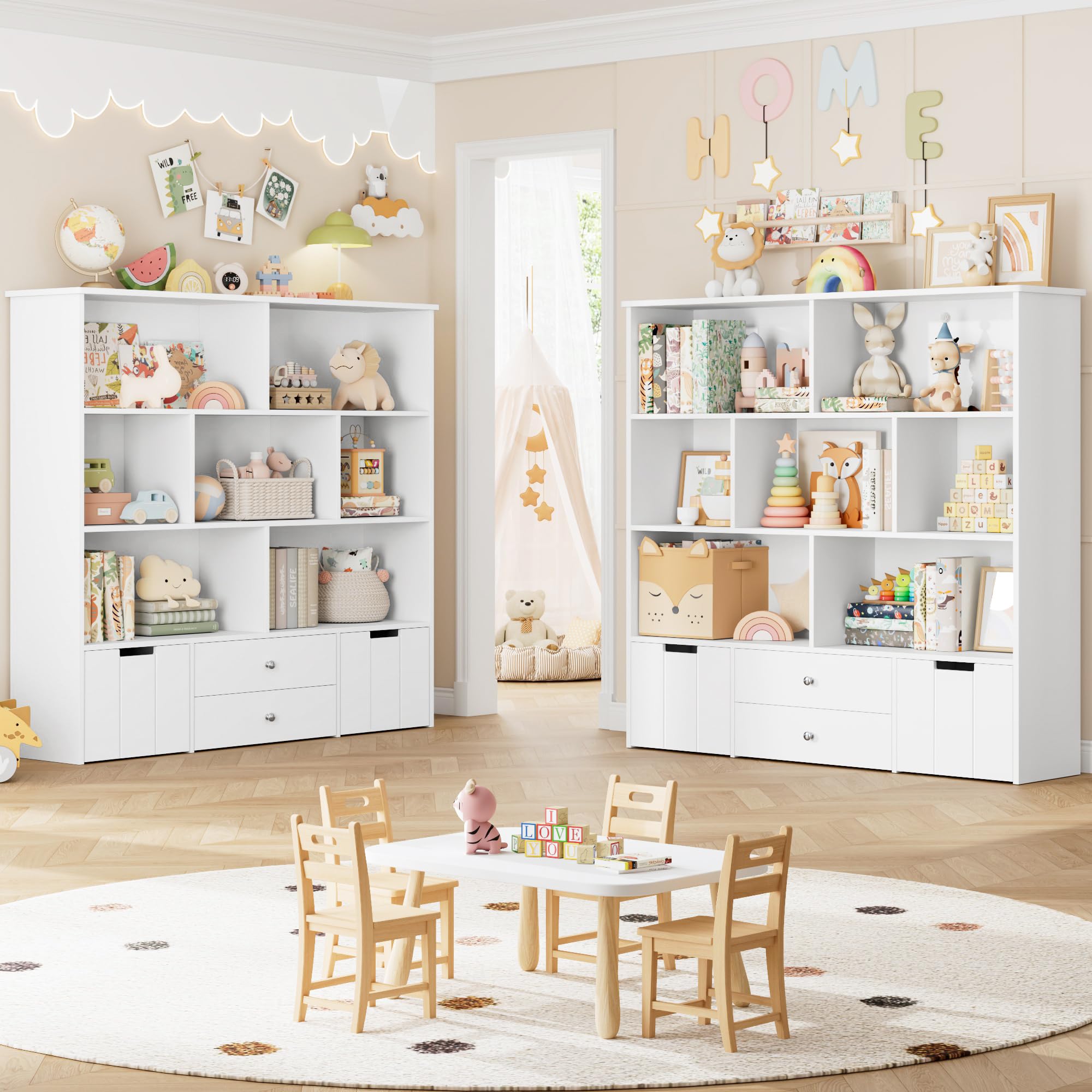 FINETONES Kids Toy Storage Organizer - Large 4-Drawer Bookshelf with 7 Storage Cubbies & Hidden Wheels, White | Playroom Organization for Toys, Books & Games | Perfect for Nursery, Daycare & Home Play Areas