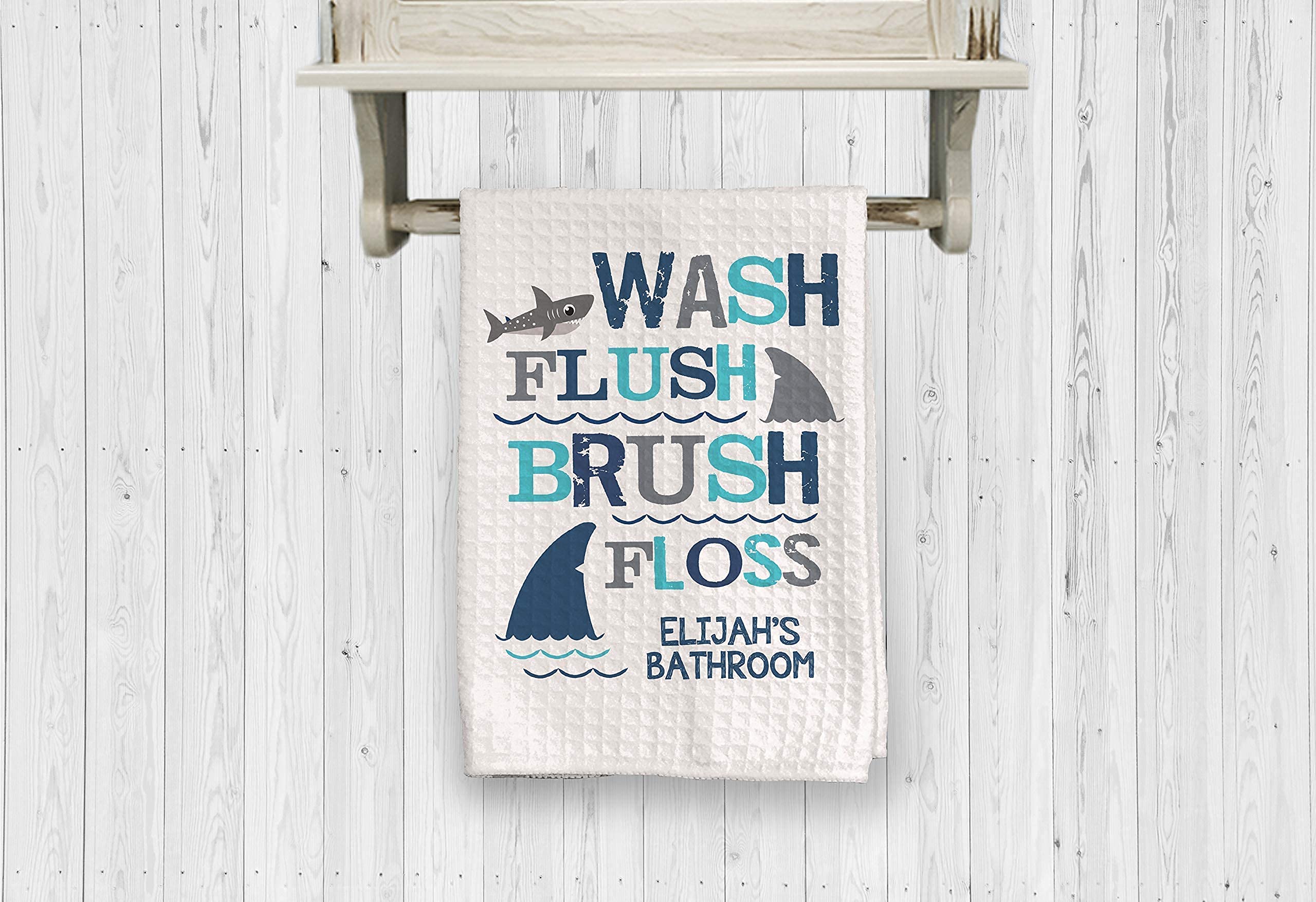 Shark-Themed Personalized Bathroom Towel Set for Boys - Wash Flush Brush Floss Decor - Soft Absorbent Shark Decor Towel for Kids Bathroom, Beach, Pool & Sports Activities