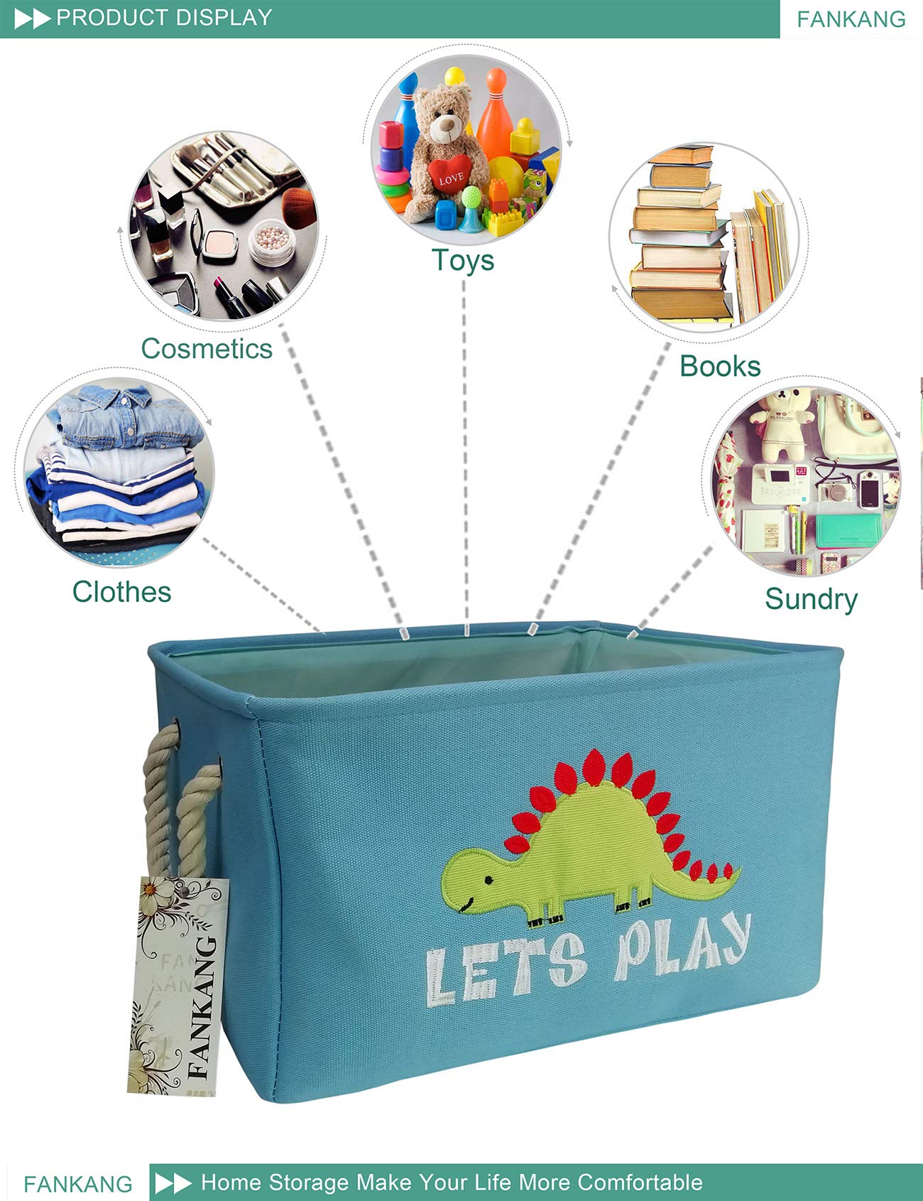 FANKANG Rectangular Laundry Basket - Nursery Storage Bin for Baby Clothes & Toys | Dinosaur Design