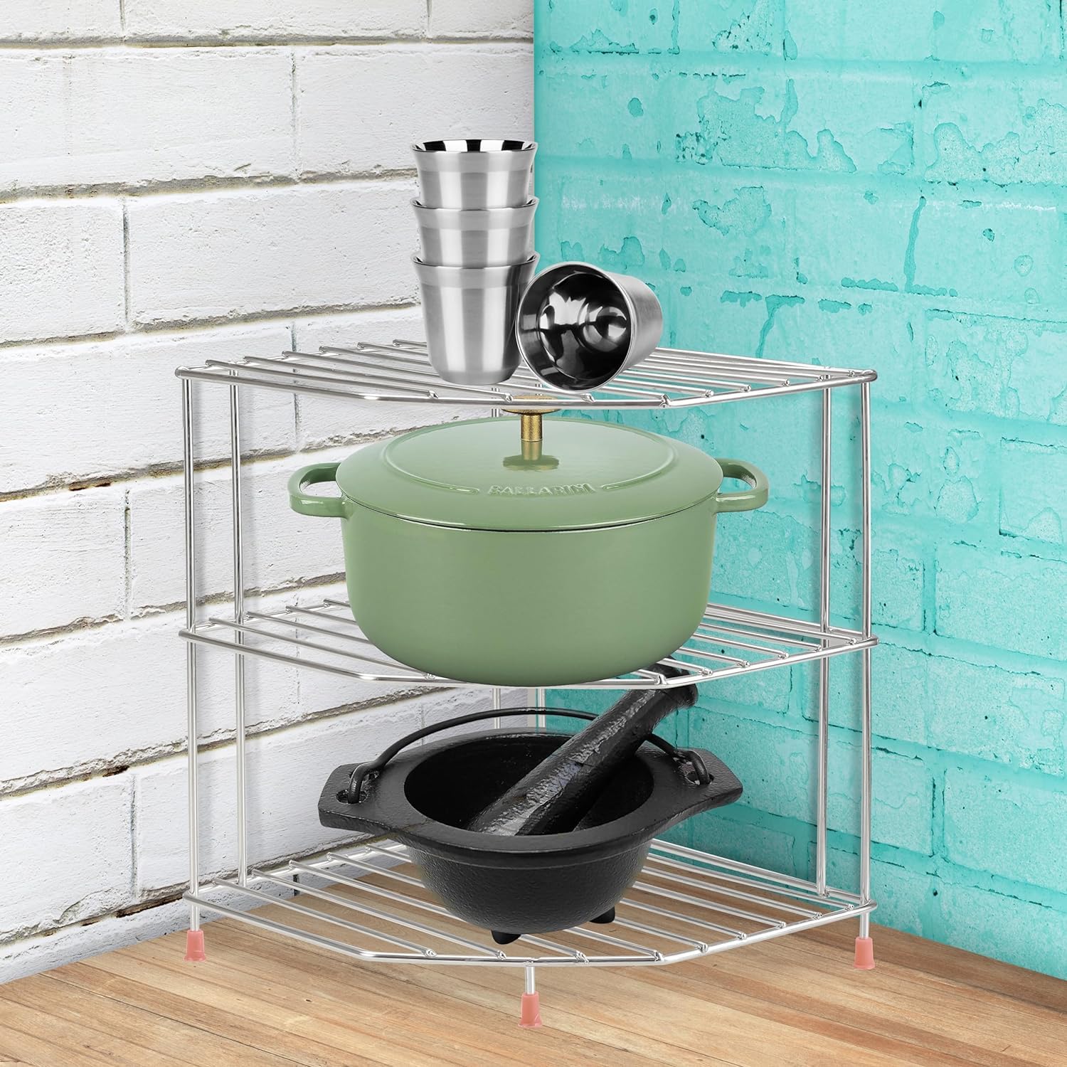Stainless Steel Expandable Corner Shelf for Kitchen - Countertop Organizer for Plates, Bowls & Dishes - Space Saving Kitchen Storage Rack - Perfect for Small Kitchens, Apartments & Dorm Rooms