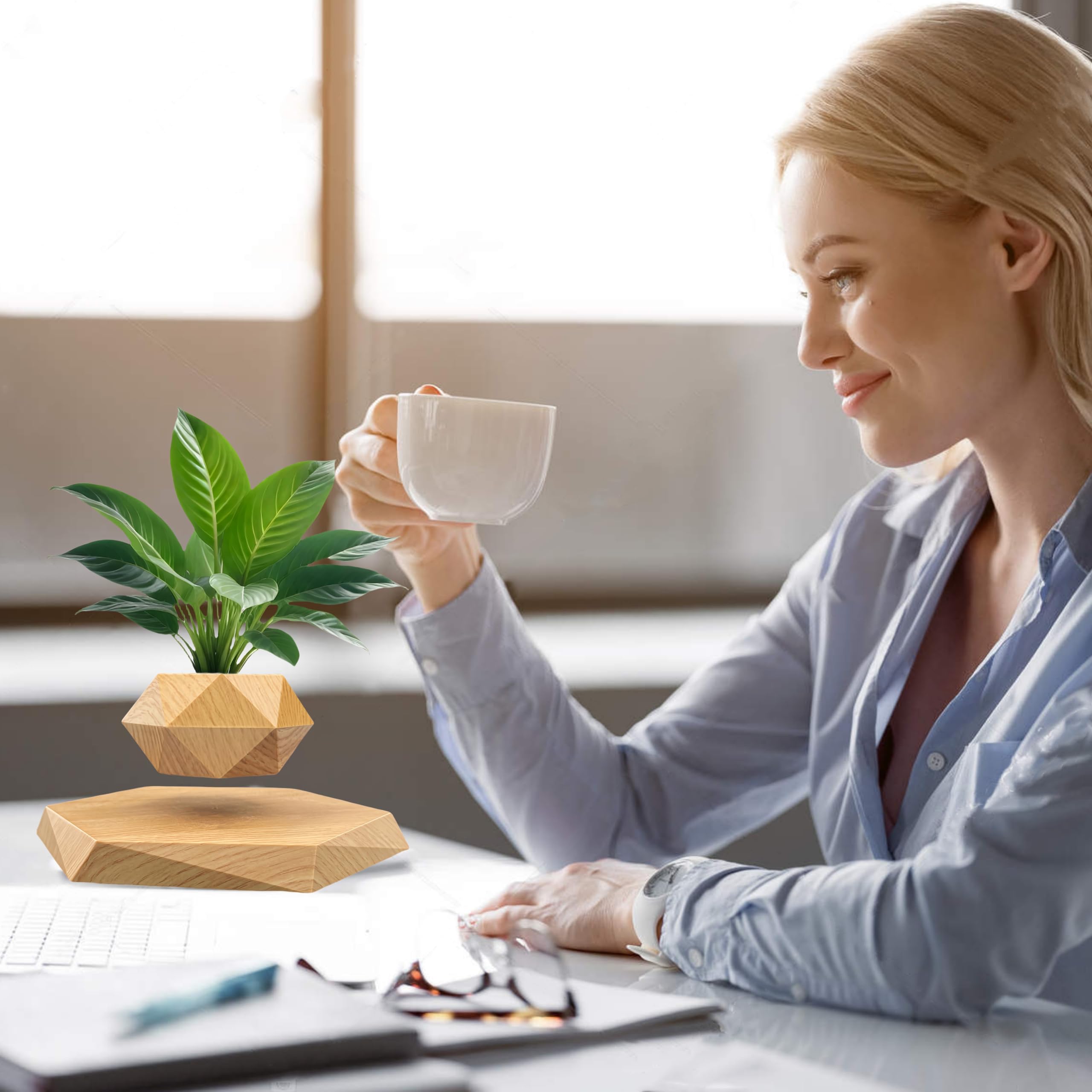 Levitating Plant Pot - Small 360° Rotating Floating Flower Pot for Home & Office Decor | Unique Levitating Display for Desk, Shelf or Tabletop | Perfect for Succulents, Air Plants & Small Decorations (Yellow)