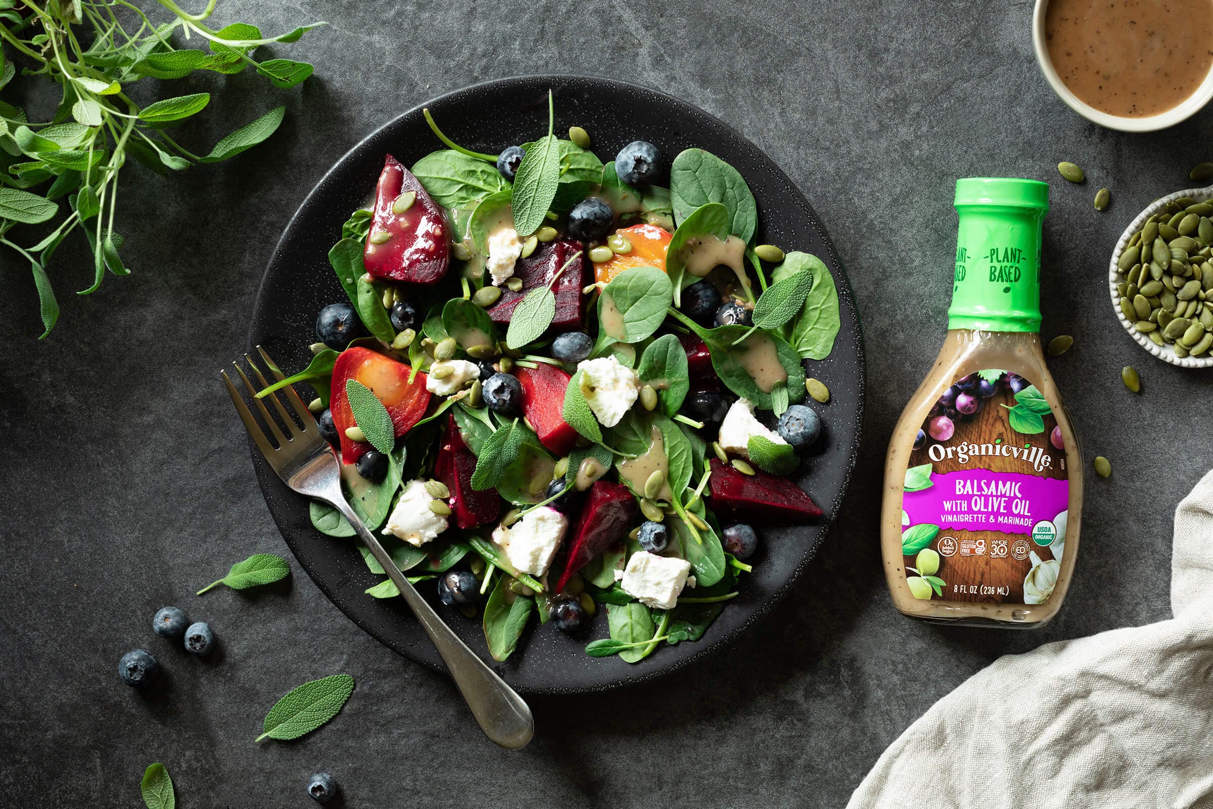 Organicville Organic Balsamic Vinaigrette with Olive Oil - Gluten Free, Vegan, Keto, Paleo & Whole30 Approved Salad Dressing & Marinade - No Added Sugar, 8 Oz Bottle - Perfect for Salads, Grilled Vegetables & Meat Marinades