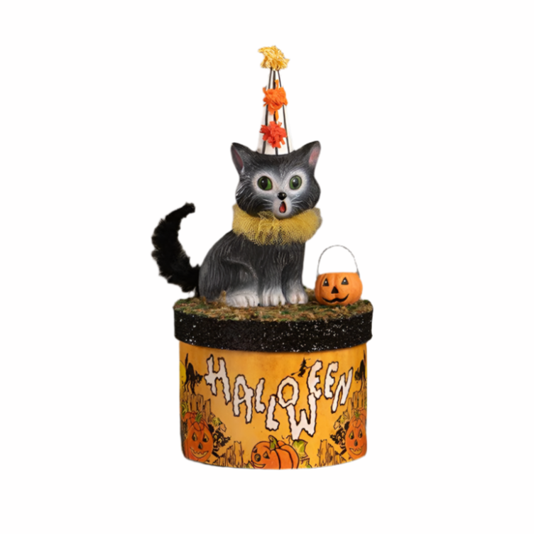 Bethany Lowe Designs Cecil Cat on Box - Vintage Halloween Decor, Holiday Home Decor, Perfect for Mantel, Shelf, or Tabletop Display