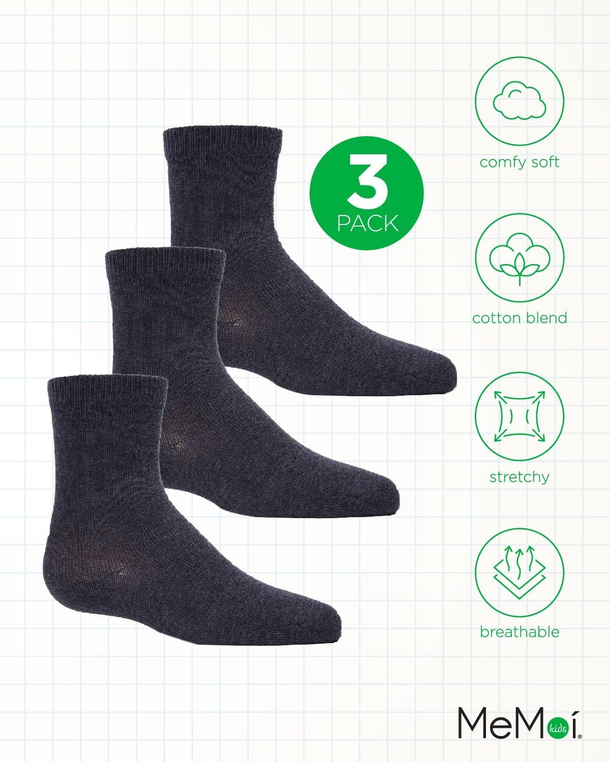 MeMoi Unisex Cotton Blend Mid-Cut Socks 3-Pack - Breathable Comfort Socks for Men & Women - Perfect for Casual Wear, Sports & Daily Activities