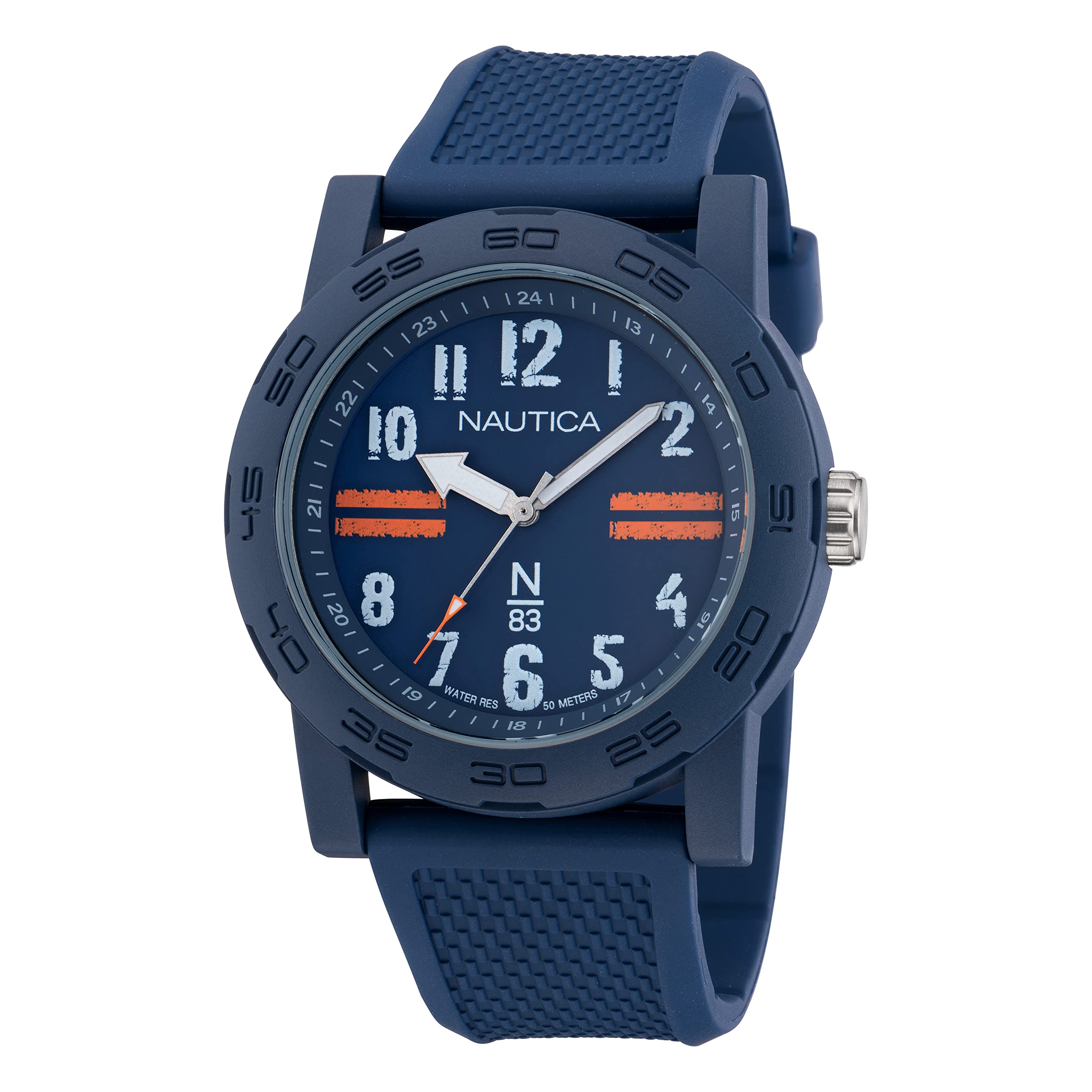 Nautica N83 Men's Watch with Blue & Orange PU Fiber Strap - Waterproof Casual & Sporty Timepiece for Diving, Swimming, and Outdoor Activities