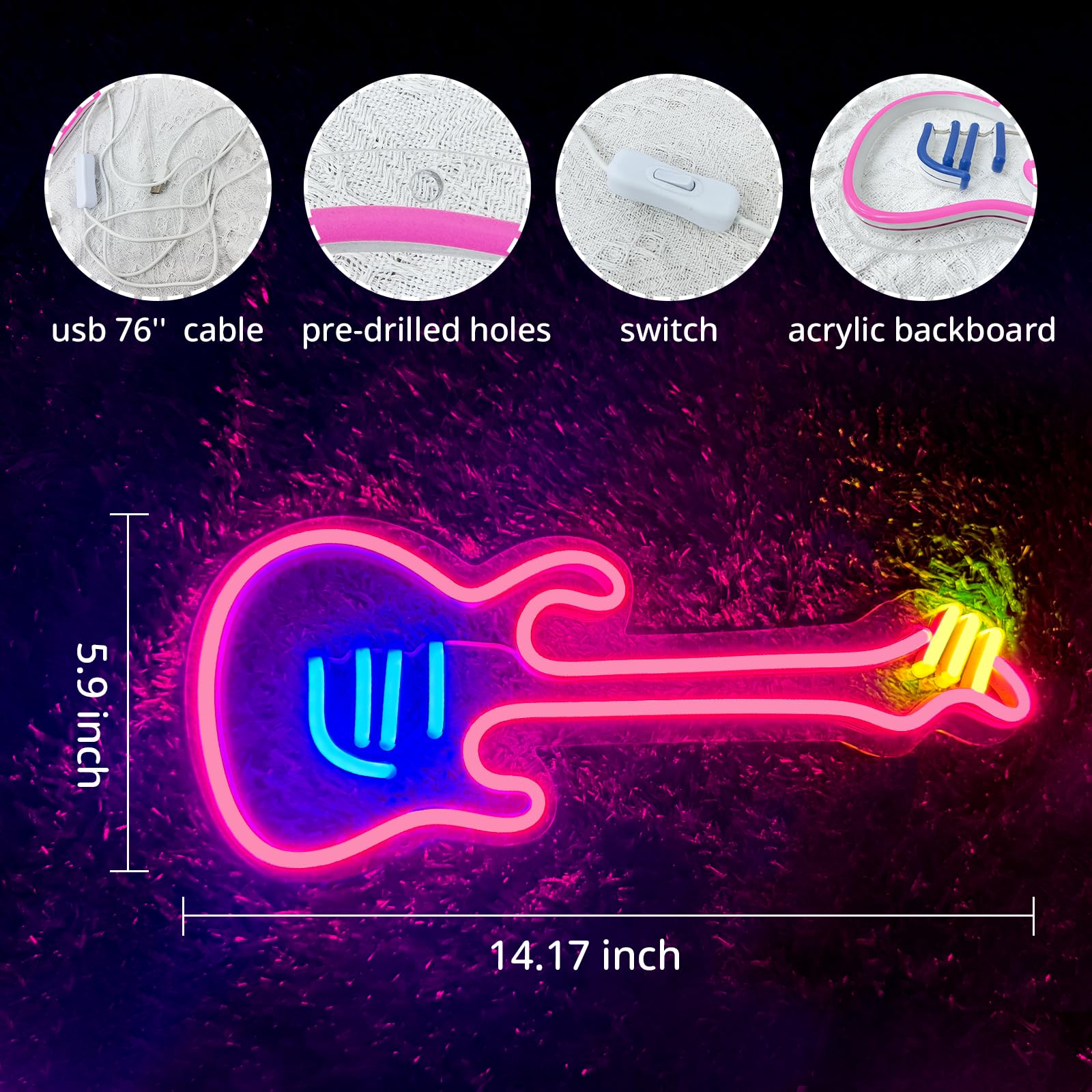 LED Guitar Neon Sign Light - Wall Decor for Bedroom, Girls Room, Bar & Party - Easy Install with Hooks & Chain - Perfect for Christmas Gifts, Wedding Decor & Music Lovers (14