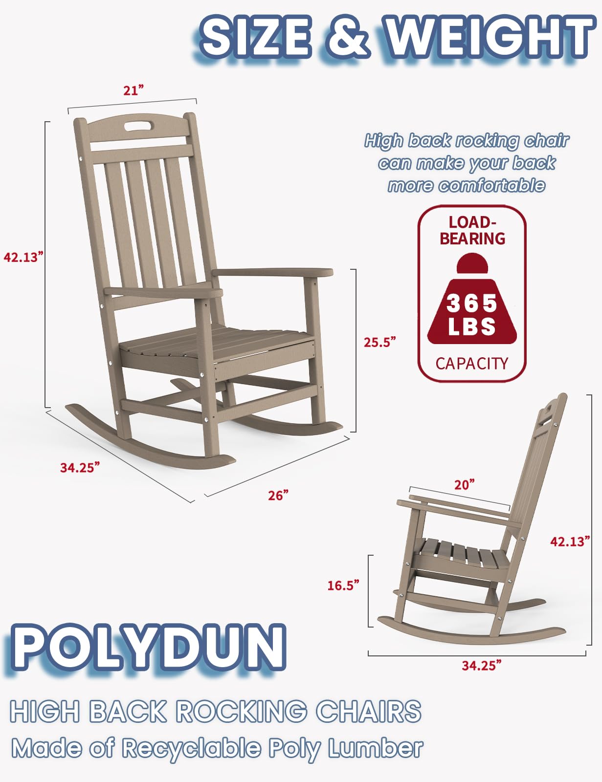 Outdoor Rocking Chair - High Back HDPE All-Weather Patio Rocker for Deck, Porch, Backyard, Garden & Indoor Use - Durable Weathered Wood Look - Perfect for Relaxing in Sunroom, Poolside or Front Porch