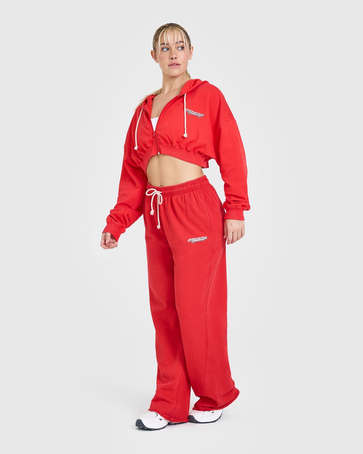 Raw Lounge Crop Zip Through Hoodie with Graphic Print | Muscle Mommy Red | Women's Fashion Streetwear for Gym, Yoga & Casual Outfits