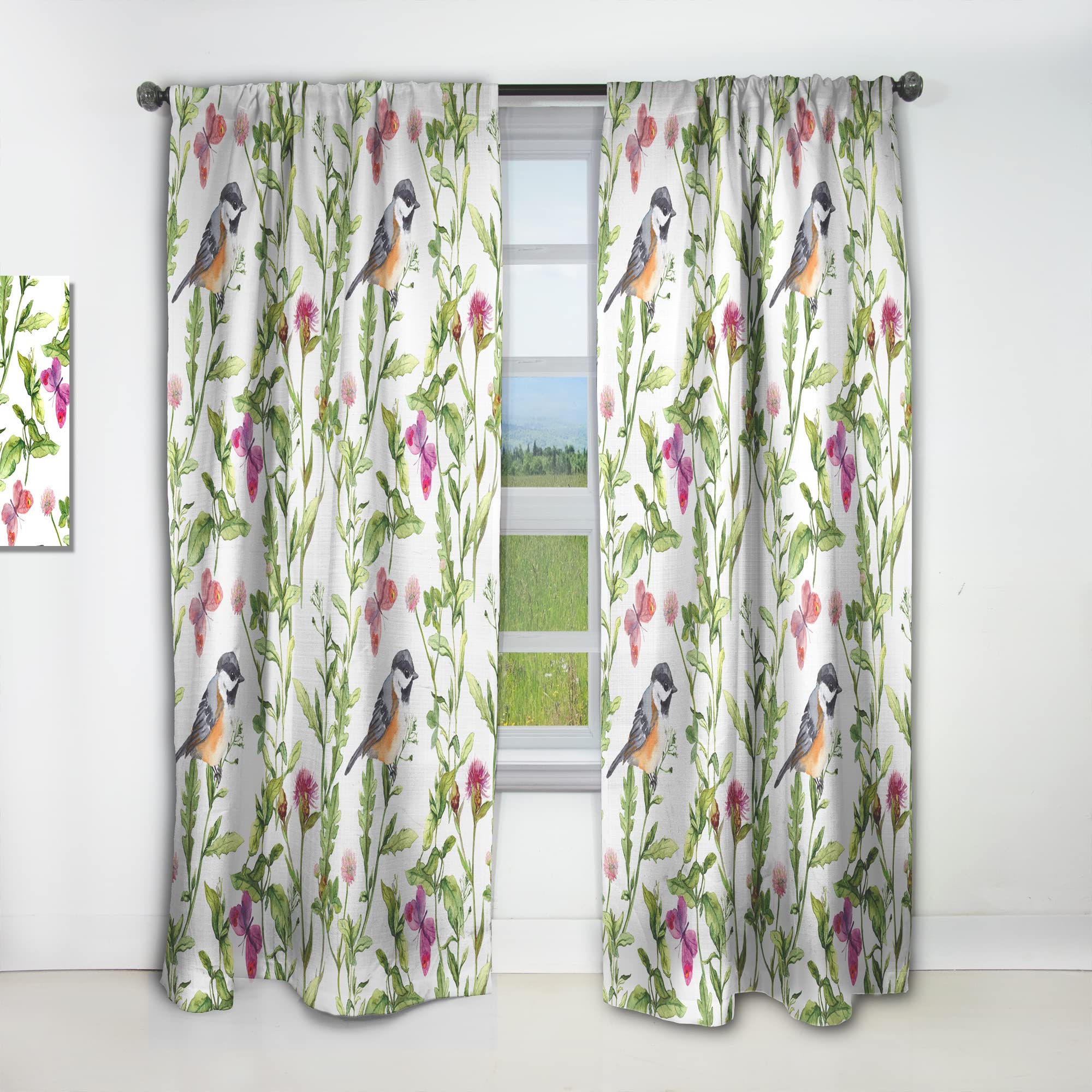 DesignQ Thermal Insulated Curtain Panel - Meadow with Butterflies, Birds & Herbs Print - 52x95 Inches - Blackout Drapes for Bedroom & Living Room - Perfect for Home Decor & Light Control