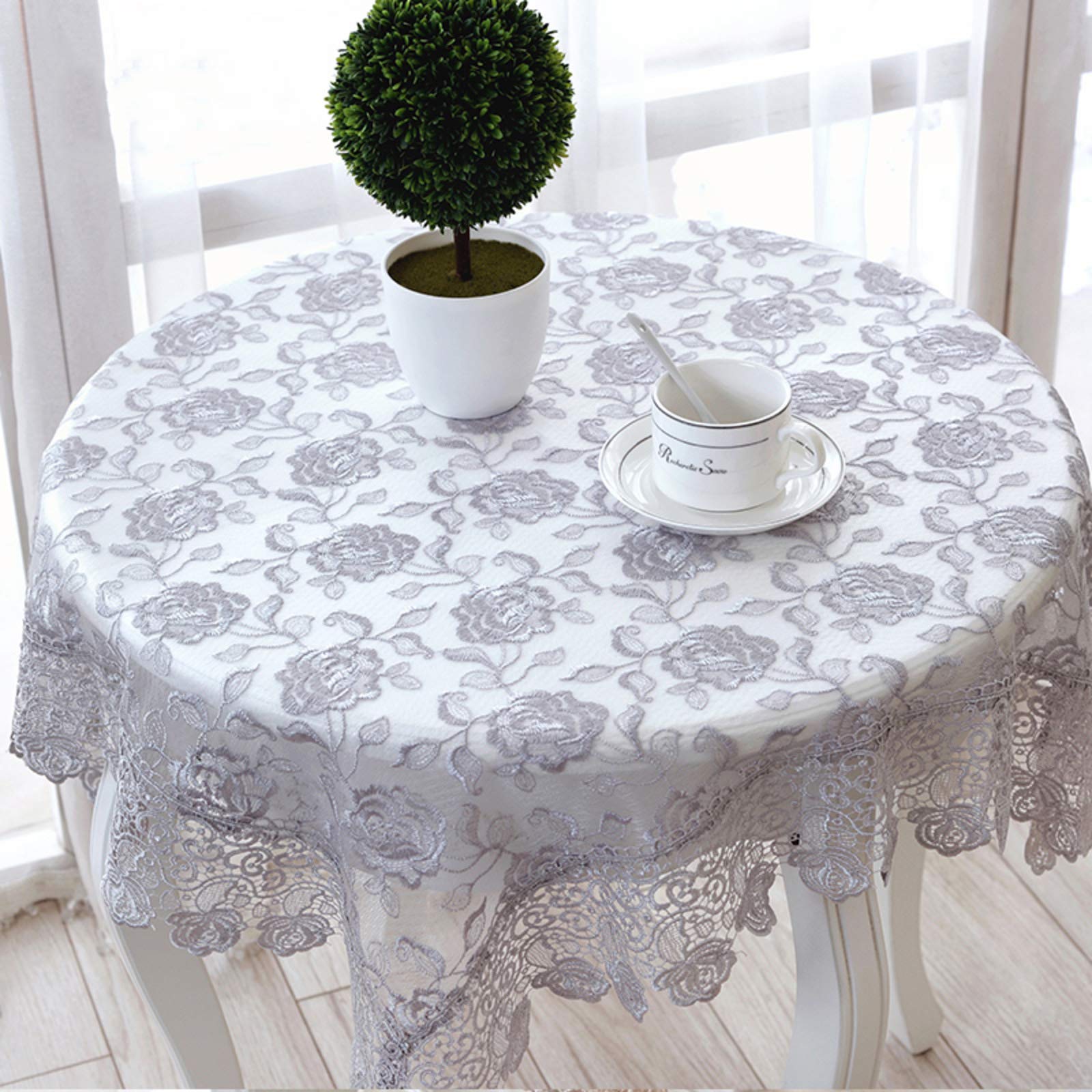 Premium Translucent Lace Embroidered Tablecloth - 85x85cm (33x33inch) Grey - Dust-Proof Coffee Table Cover for Elegant Dining & Home Decor - Perfect for Weddings, Tea Parties & Vintage Style Interior Design