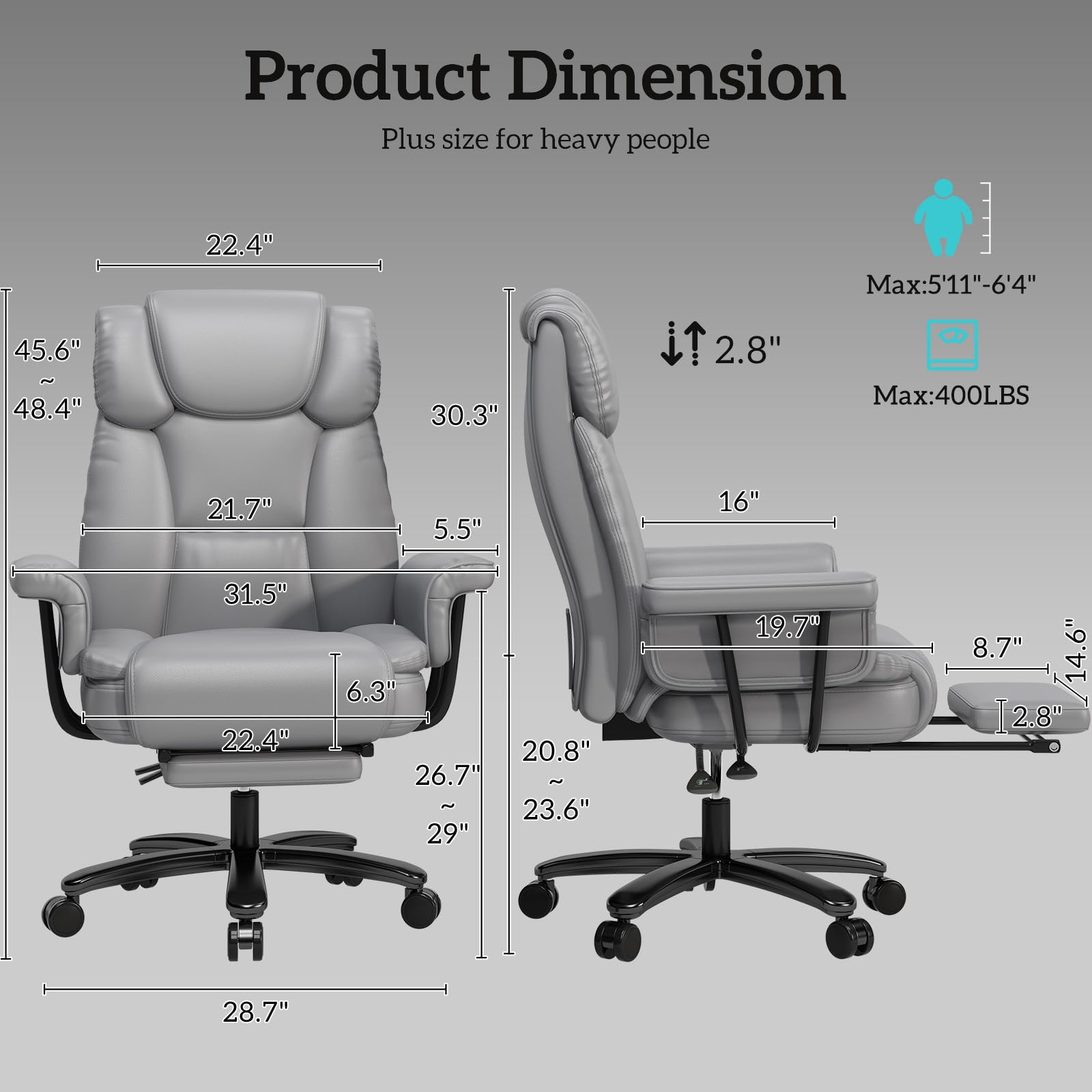 GYI Big and Tall Office Chair 400LBS Capacity - 160° High Back Reclining Ergonomic Desk Chair with Wide Seat, Adjustable Arms & Footrest - Grey - Perfect for Home Office, Gaming & Executive Workspaces