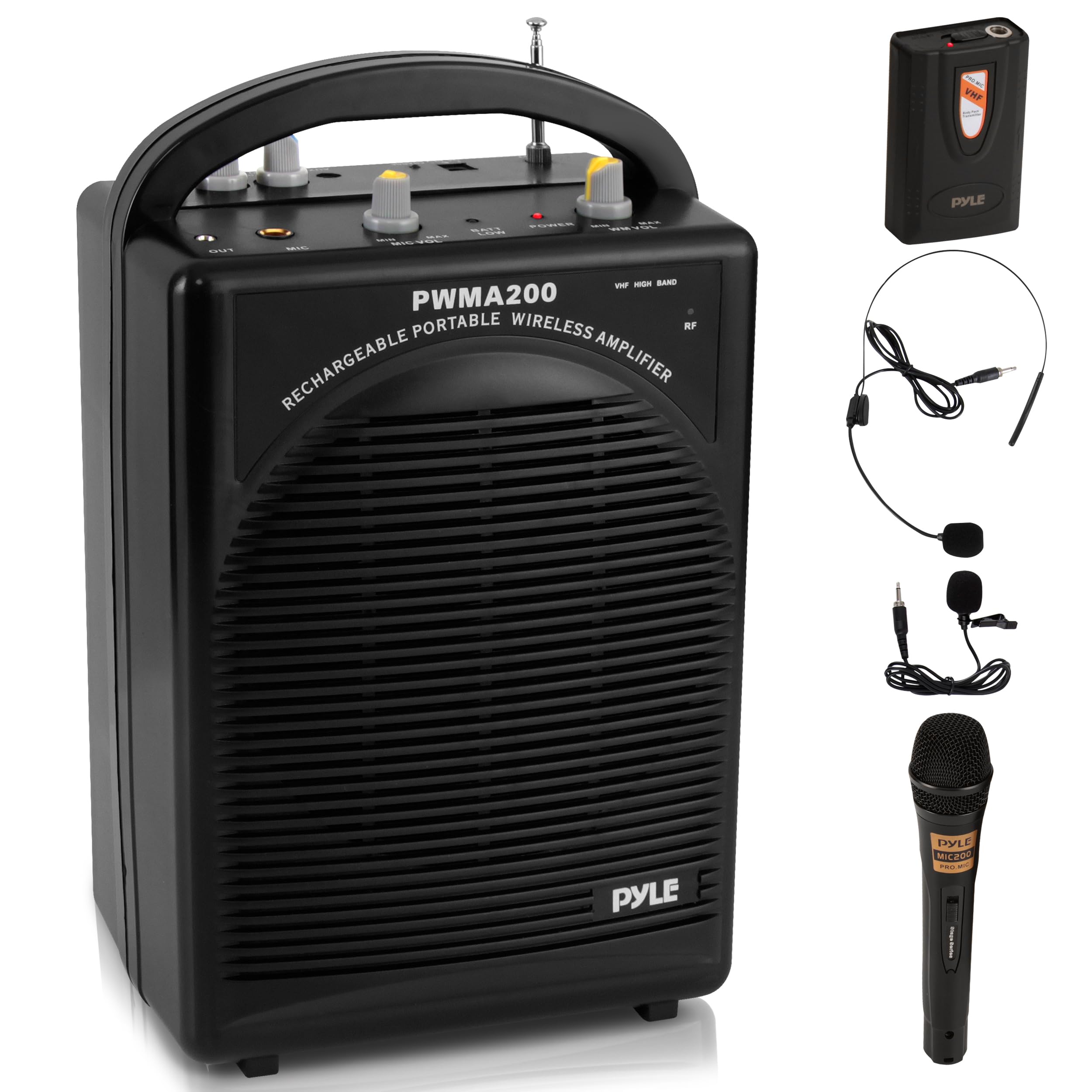 Pyle Portable PA Speaker System with Microphone - Wireless Bluetooth, FM Radio, Rechargeable Battery, AUX Input - Includes Headset, Lavalier & Beltpack Mics (Black) - Perfect for Outdoor Events, Parties & Public Speaking
