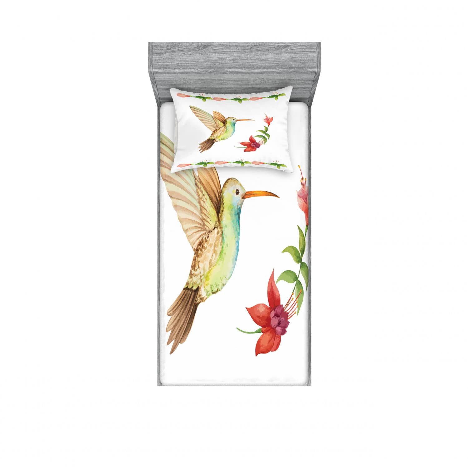 Ambesonne Hummingbird Print 2-Pack Twin XL Fitted Sheet Set with Pillow Shams - 4 Piece Bedding Set in Red & Green - Soft & Breathable for Guest Rooms, Dorms, or Kids' Bedrooms