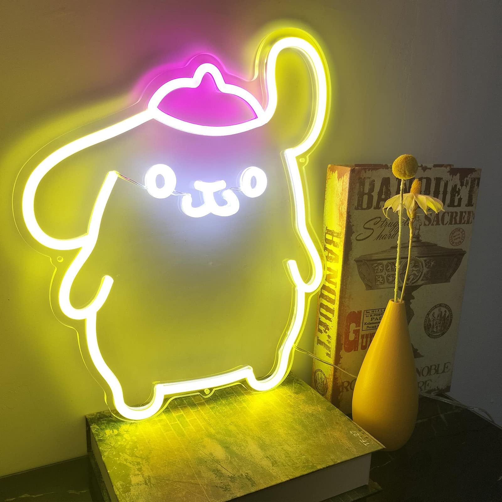 Pom Purin Neon Sign - 3D Anime LED Wall Light for Bedroom, Game Room & Apartment Decor | Cute Japanese Cartoon Dog Night Light Gift for Kids & Teens | 14-Inch Lemon Yellow & Pink | Perfect for Anime Themed Rooms, Birthday Gifts & Kawaii Home Decor