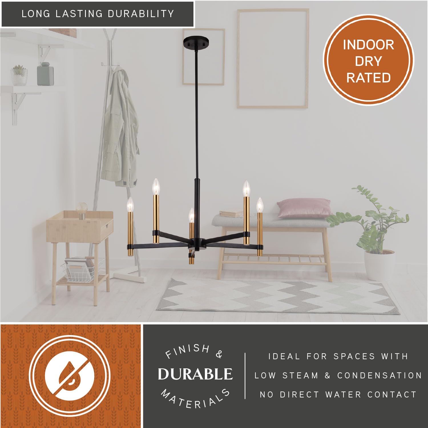 VAXCEL 5-Light Black and Brass Contemporary Candle Chandelier for Dining Room, Bedroom, or Entryway - Elegant Modern Lighting Fixture