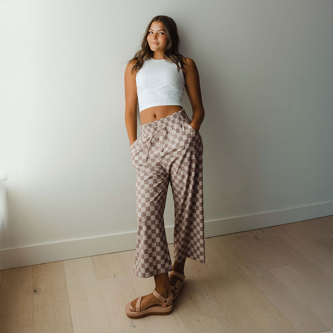 Audrey Wide Leg Pants for Women - Brown Checkered High Waist Trousers | Comfortable Office & Casual Wear | Perfect for Work, Travel & Everyday Outfits