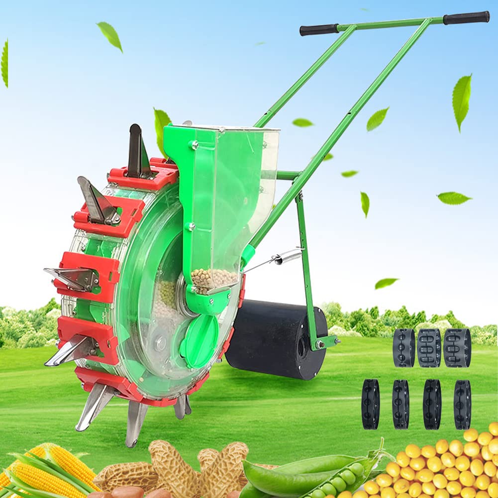 FMXYMC Precision Hand-Push Garden Seeder with 7 Adjustable Seed Plates - 1.9-3.5 Inch Depth Control - Ideal for Lawn, Vegetable & Flower Planting - Perfect for Home Gardens, Backyards & Small Farms
