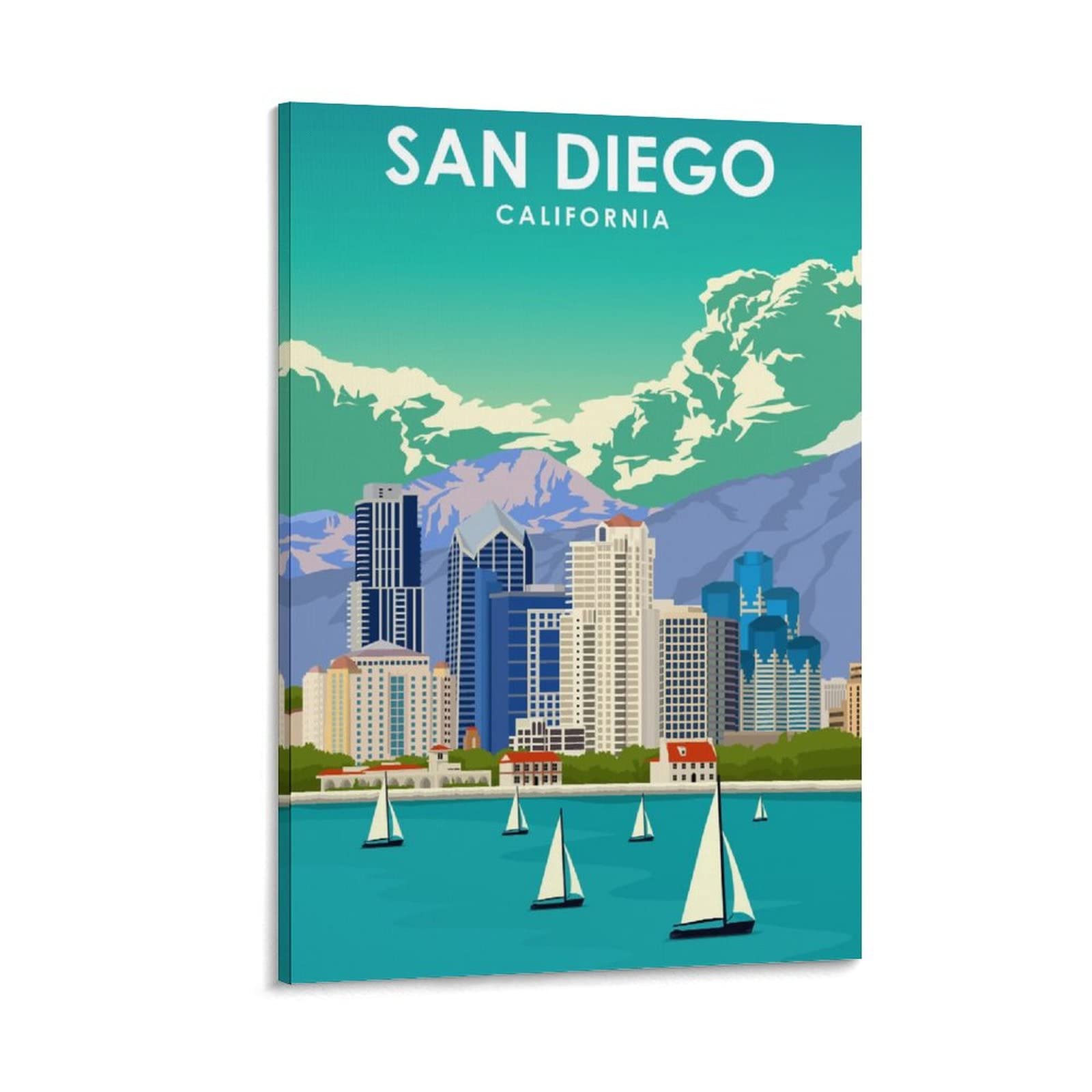 Vintage San Diego California Travel Poster - Mountain Cloud Building Ship Canvas Wall Art, Home Decor for Living Room, Bedroom & Office - 20x30 Inches (50x75cm) - Perfect for Coastal, Retro & Travel Theme Interiors