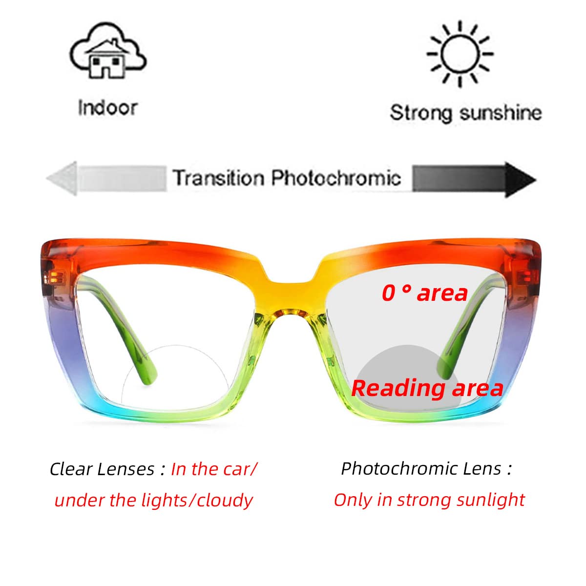 Photochromic Bifocal Reading Glasses for Women - Light Adjusting Rainbow Lens Spring Hinged Large Frame Readers for Presbyopia - Perfect for Indoor/Outdoor Reading, Driving & Computer Use
