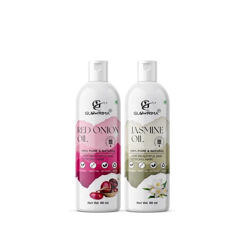 Glowrima 100% Pure Red Onion Oil & Jasmine Oil Combo (60ML Each) for Hair Growth, Anti Hair Fall, Split Ends Repair - Promotes Soft, Shiny Hair - Pack of 2 - Perfect for Daily Hair Care & Scalp Massage