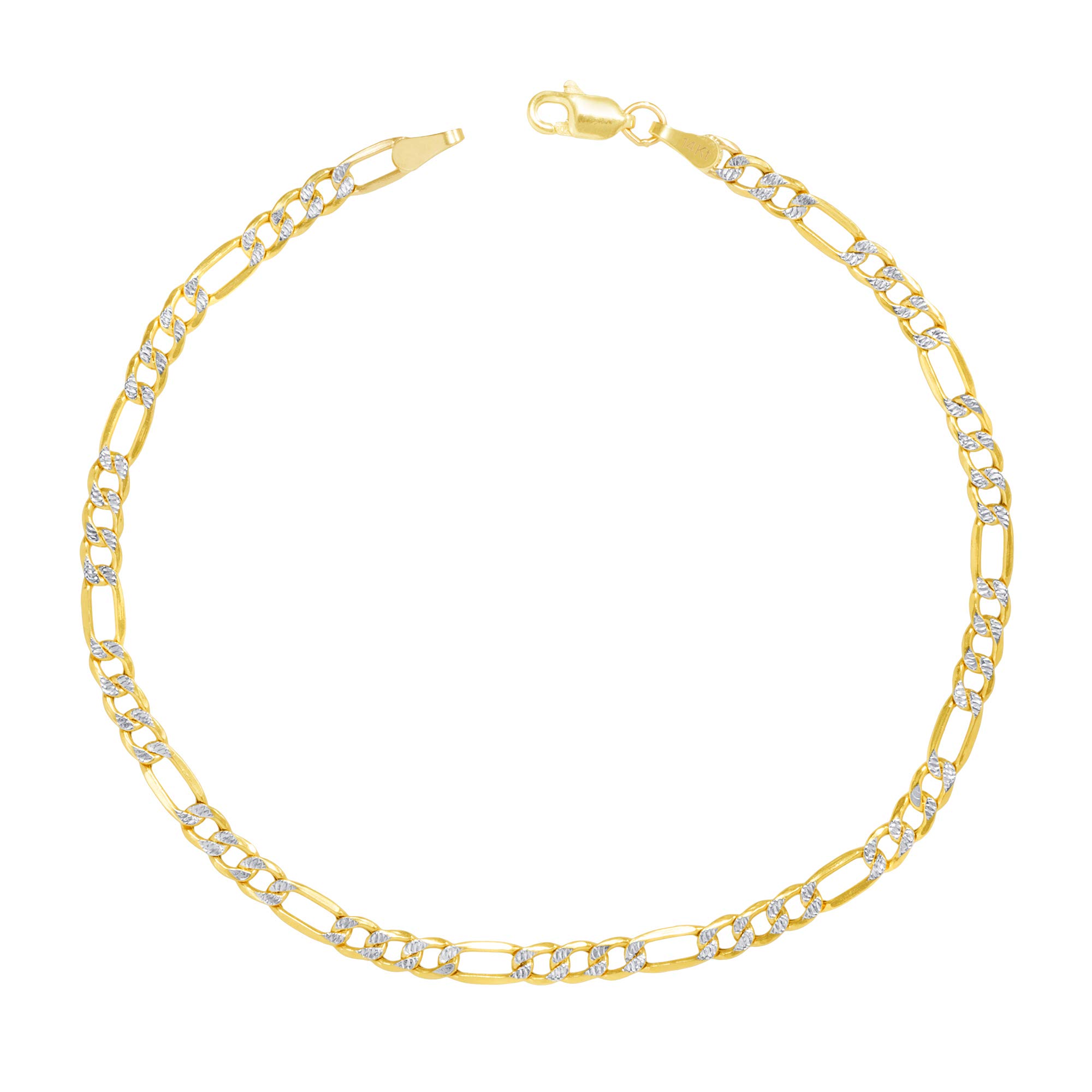 14K Real Yellow Gold Figaro Link Chain Bracelet - 4mm Diamond Cut Pave Design (7