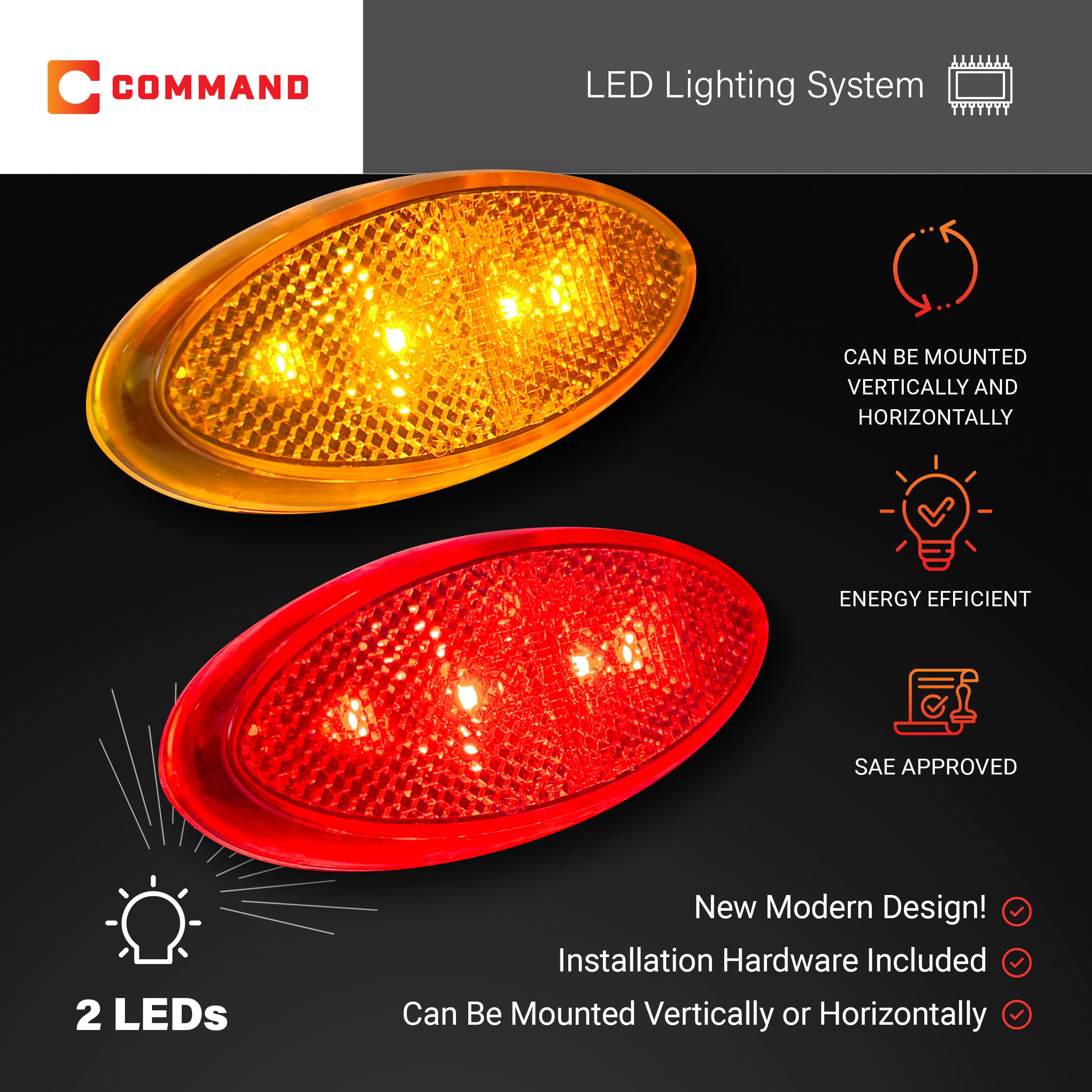 Command Electronics OEM 12V LED RV & Trailer Oval Clearance Light with Built-in Reflex – Surface Mount Amber & Red – 4 Pack – Made in USA – Perfect for RV Trailers, Boats & Truck Safety Lighting