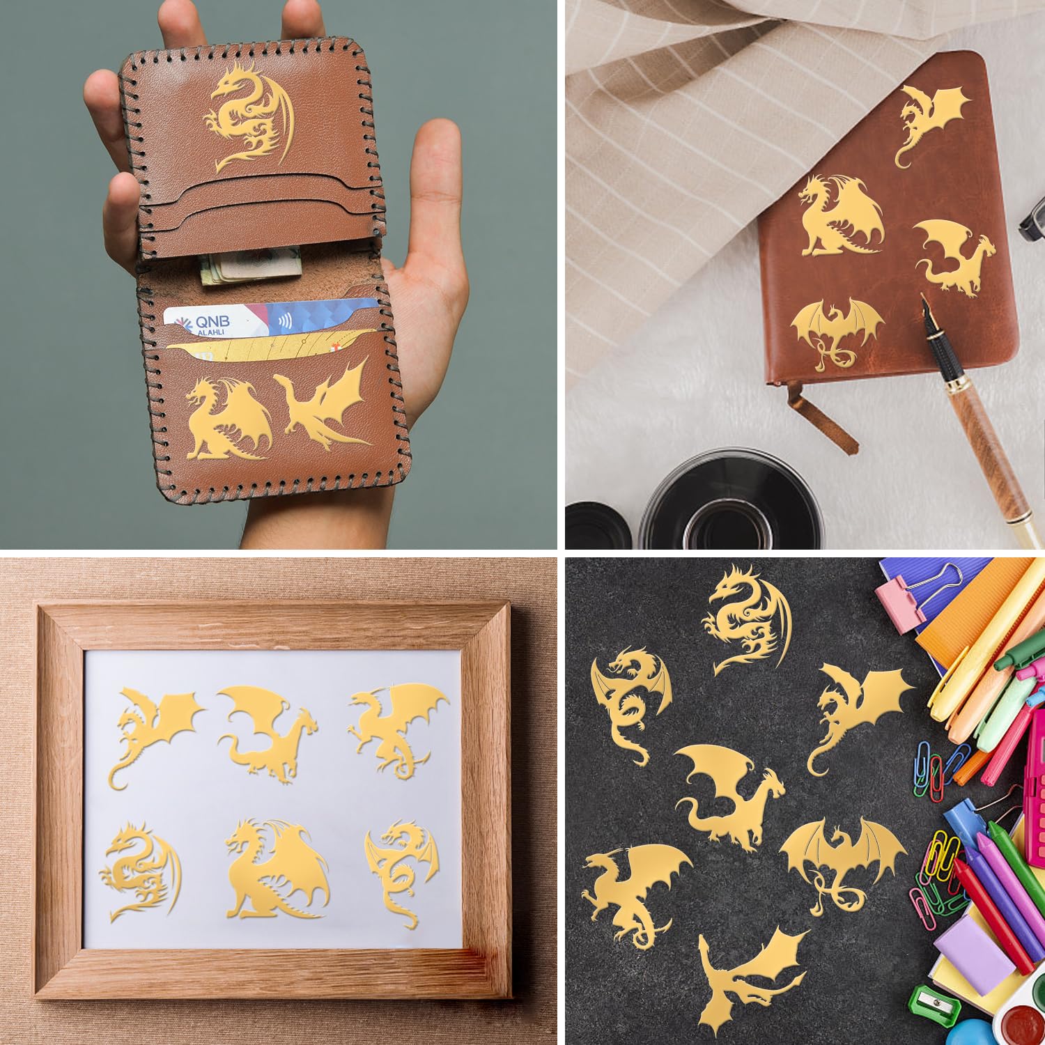 OLYCRAFT 9-Piece 1.6x1.6 Inch Dragon Design Self-Adhesive Metal Stickers - Gold Decorative Stickers for DIY Scrapbooking, Resin Crafts, Phone Cases & Laptop Decoration | Perfect for Journals, Water Bottles & Skateboard Customization