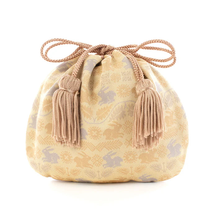 Nishijin Small Drawstring Bag - Japanese Traditional Craft Purse with Flower & Rabbit Design in Cream Yellow | Handmade in Kyoto | Perfect for Gift, Cosmetics & Jewelry Storage